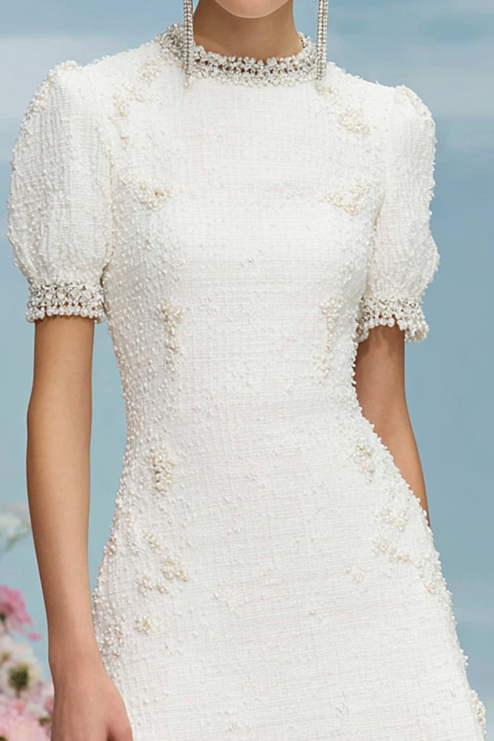 Tweed White Round Neck Short Homecoming Dress