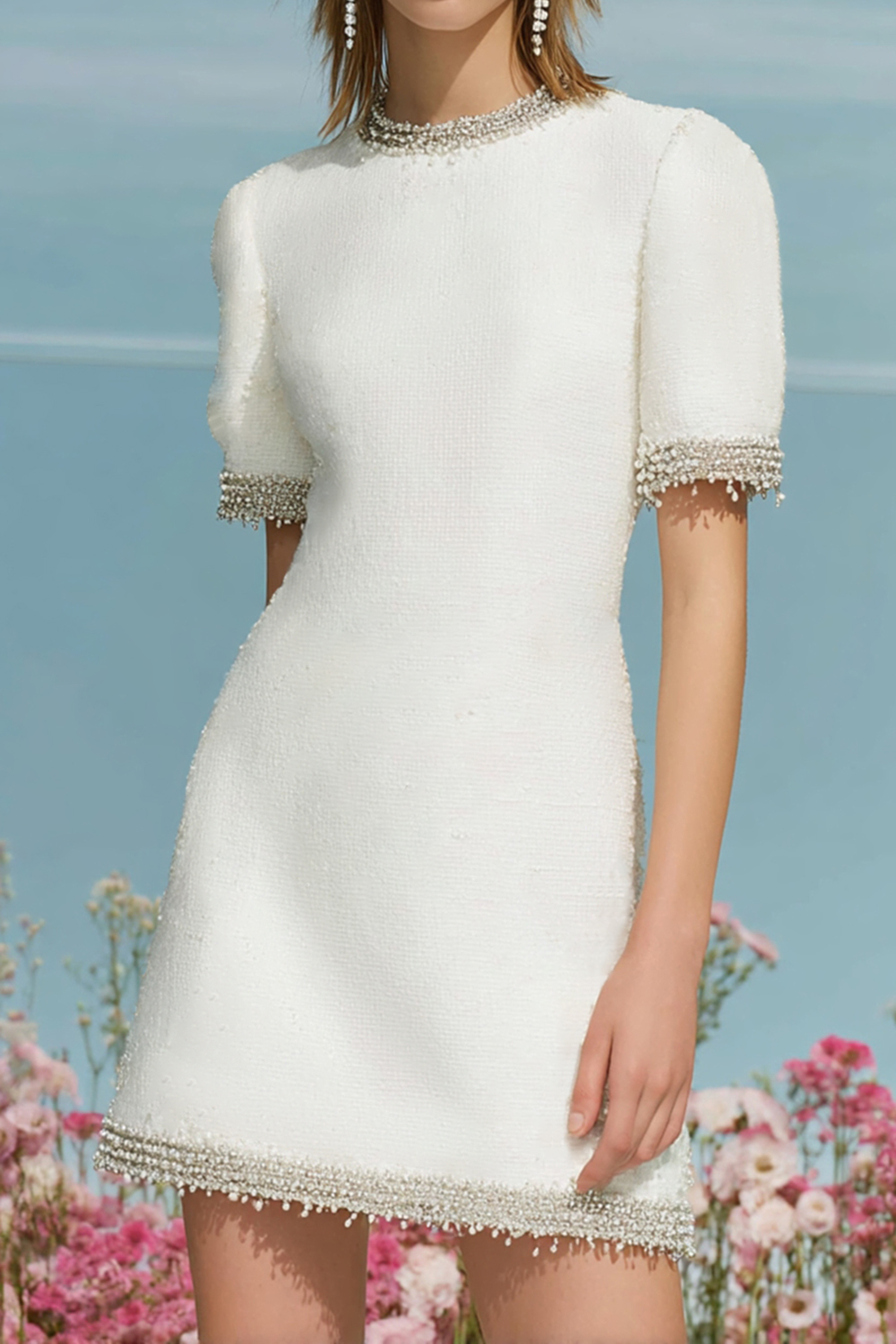 White Tweed Round Neck Pencil Short Homecoming Dress with Sleeves