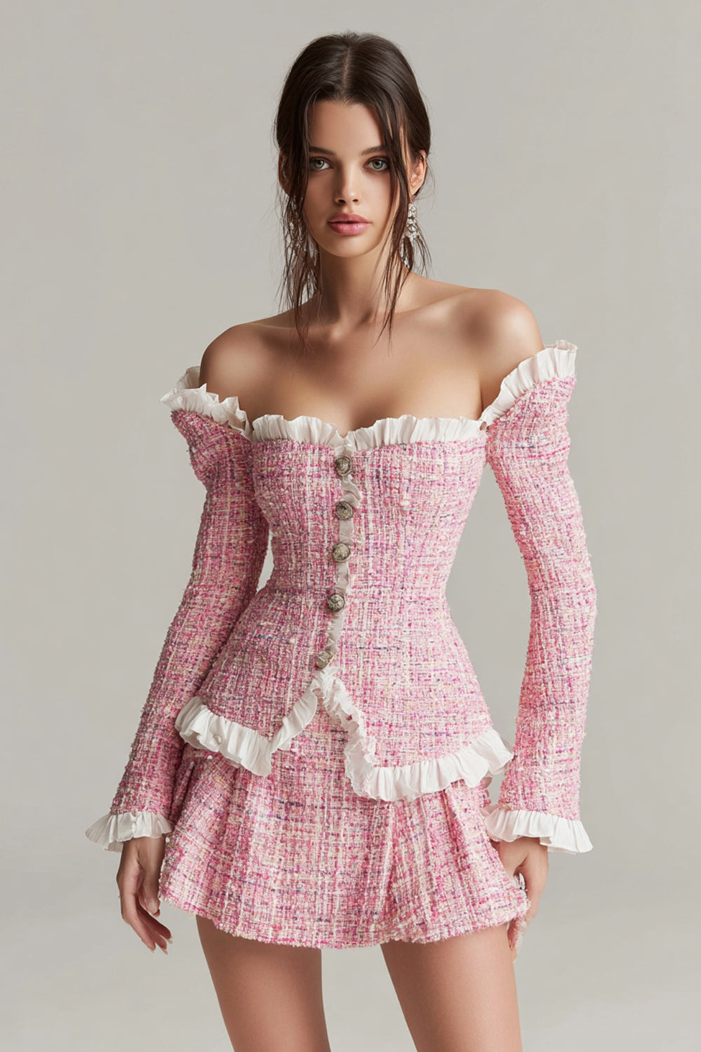 2 Piece Pink Off the Shoulder Tweed Short Blazer Homecoming Outfits