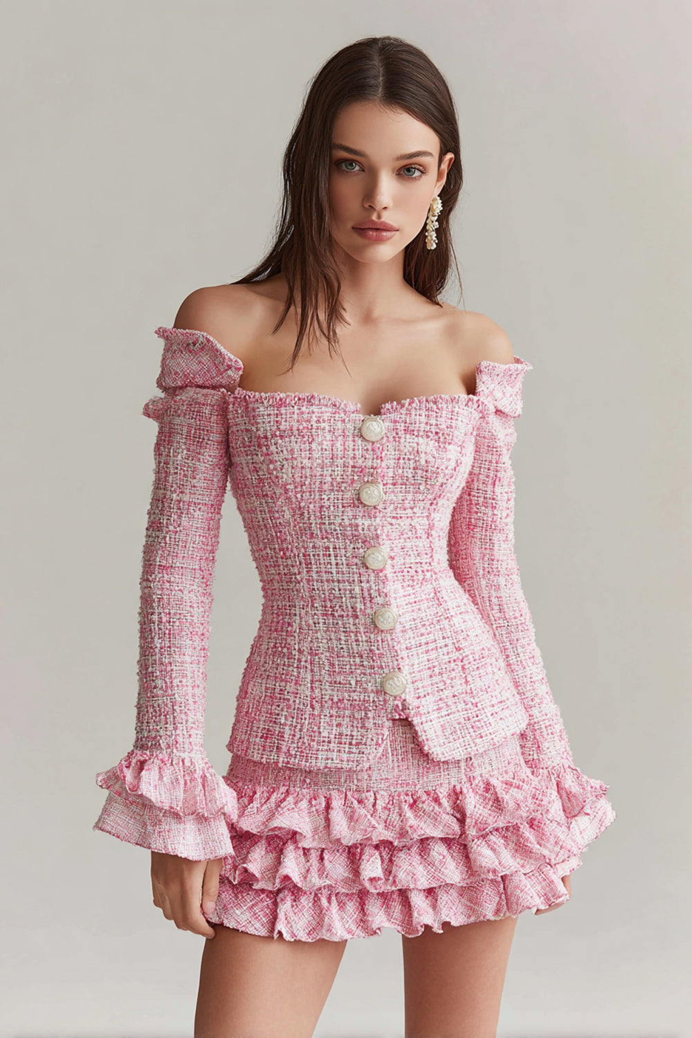 2 Piece Pink Tweed Blazer Short Homecoming Outfits with Ruffles