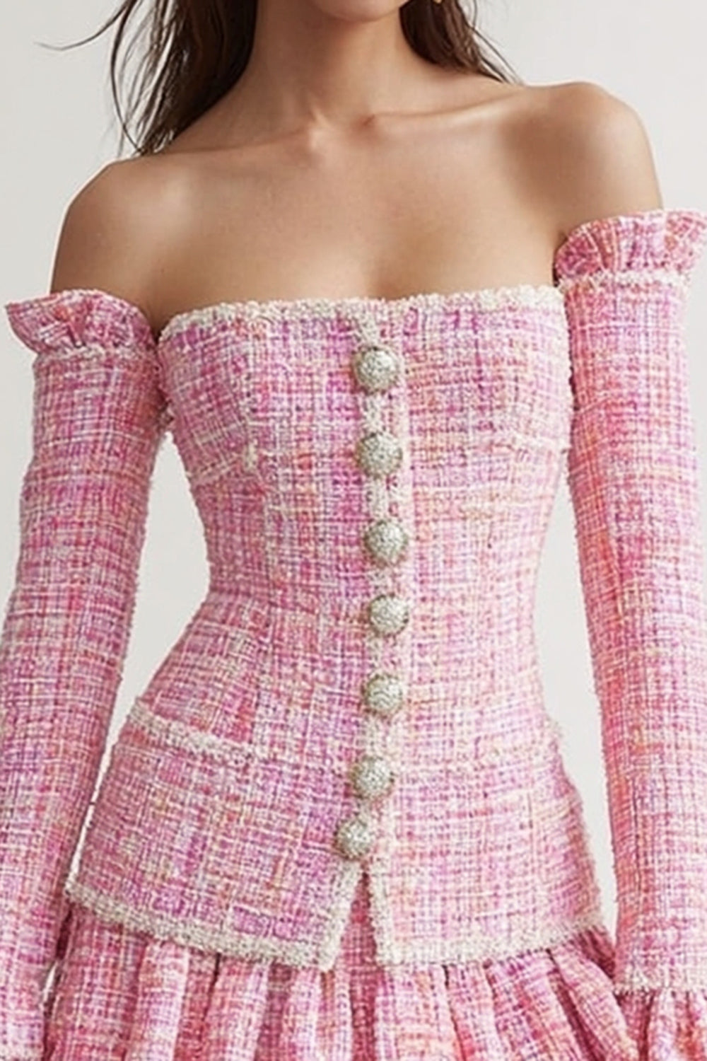 Tweed Pink 2 Piece Tiered Blazer Short Homecoming Outfits with Ruffles