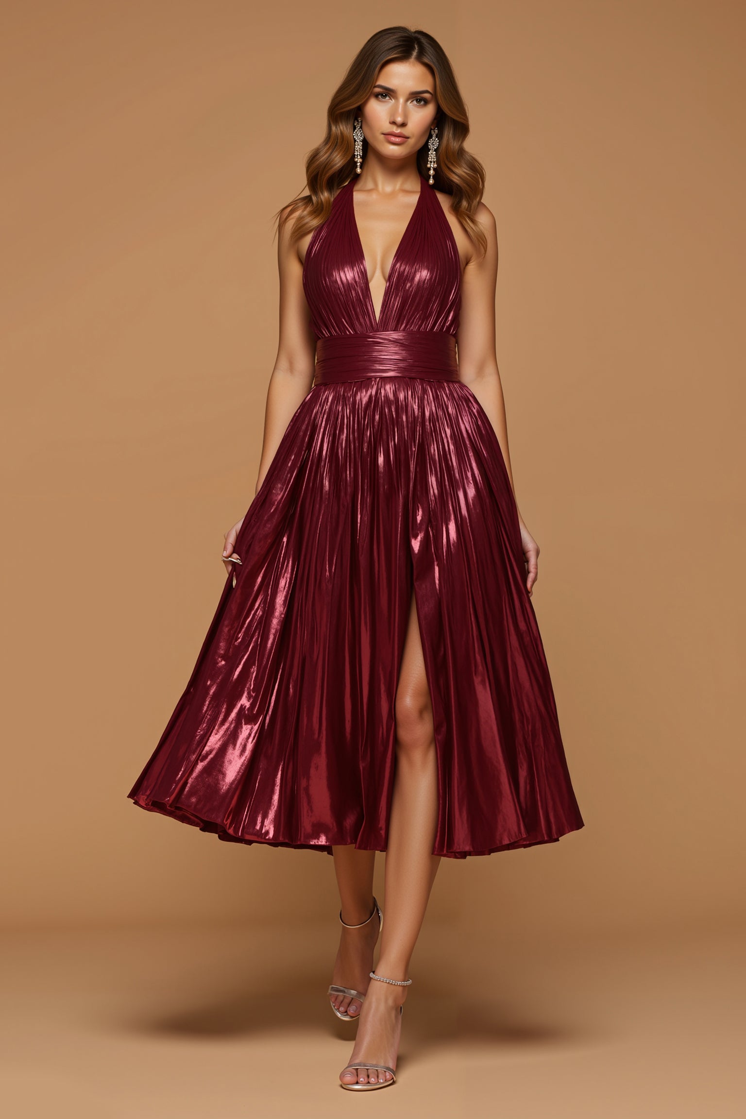 Metallic Burgundy Halter Midi Holiday Party Dress with Slit