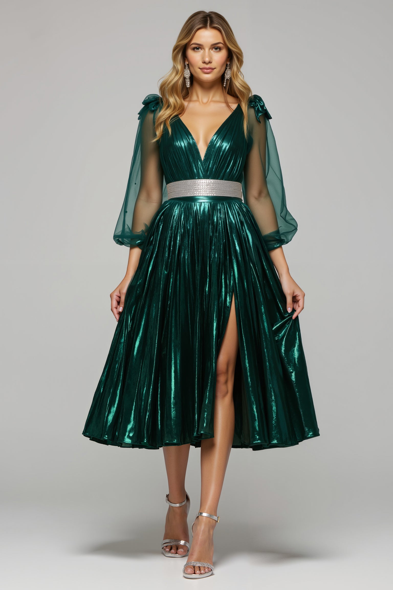 Metallic Dark Green V-Neck Midi Holiday Party Dress with Slit