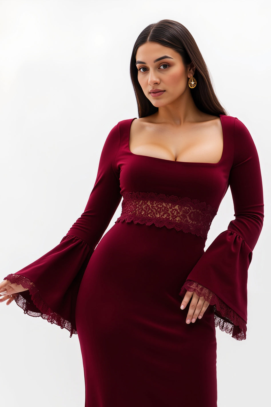 Burgundy Sheath Flare Sleeves Long Holiday Party Dress with Lace