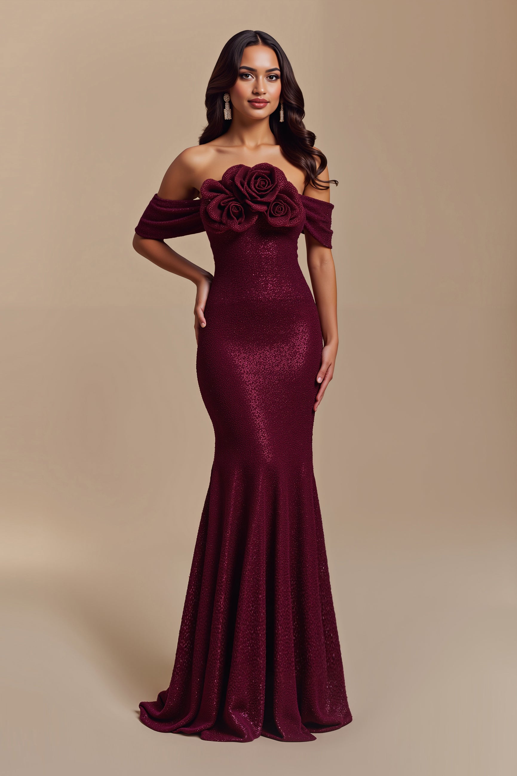 Sparkly Burgundy Sequins Long Mermaid Holiday Party Dress with Flowers