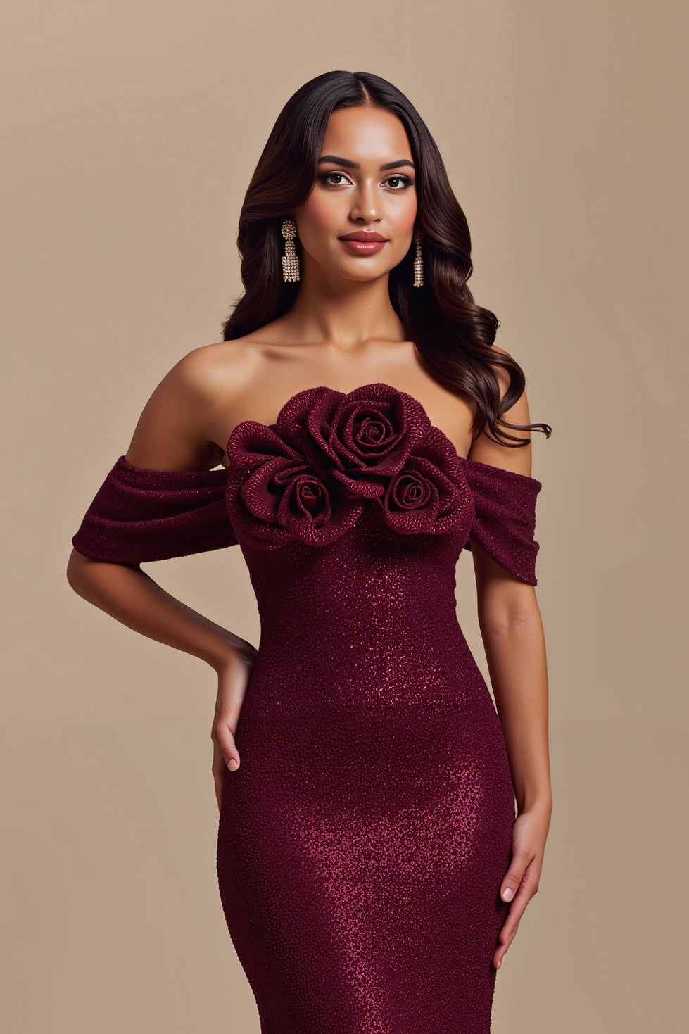 Sparkly Burgundy Sequins Long Mermaid Holiday Party Dress with Flowers