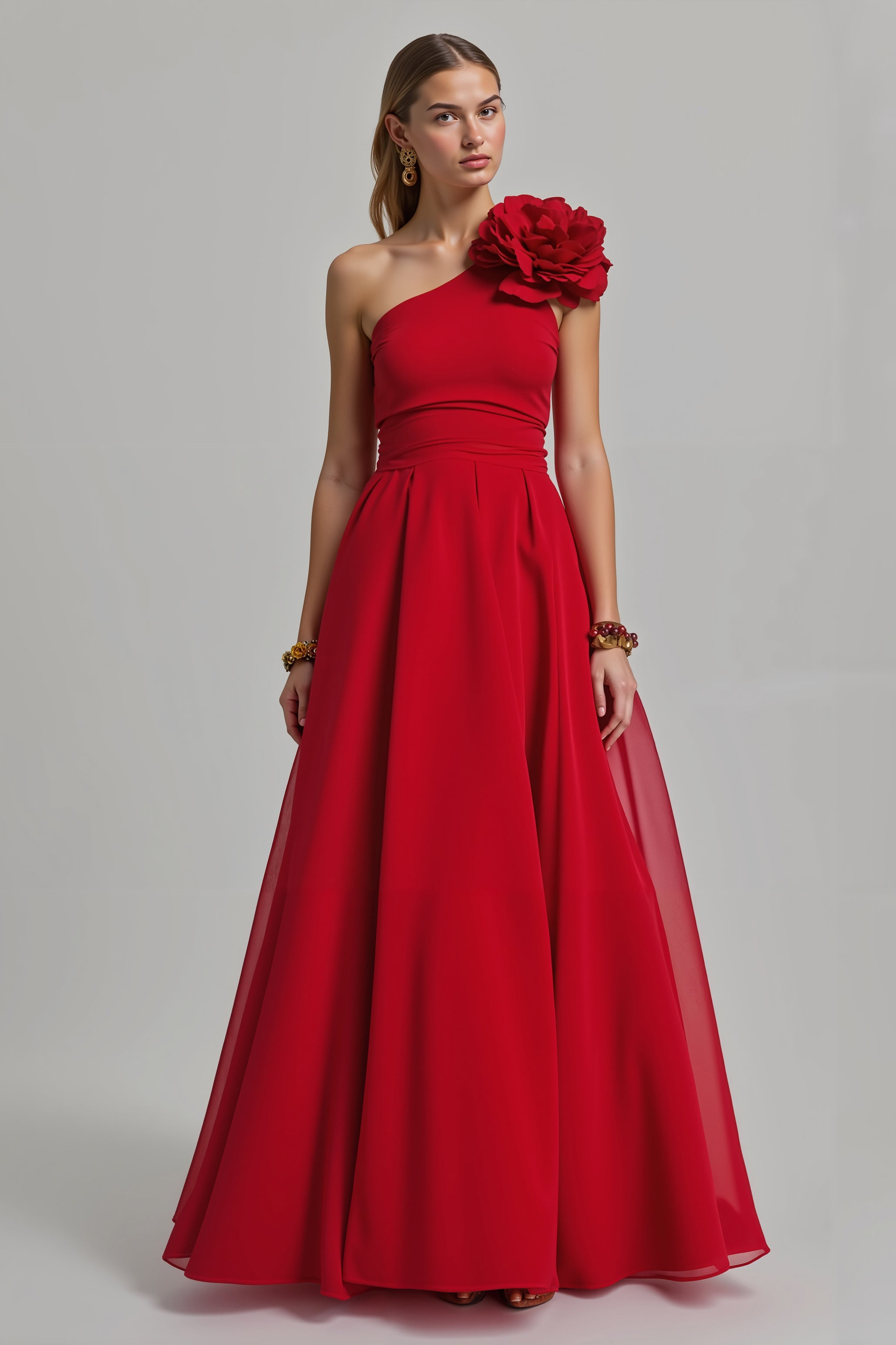 Floral Red A Line One Shoulder Long Holiday Party Dress