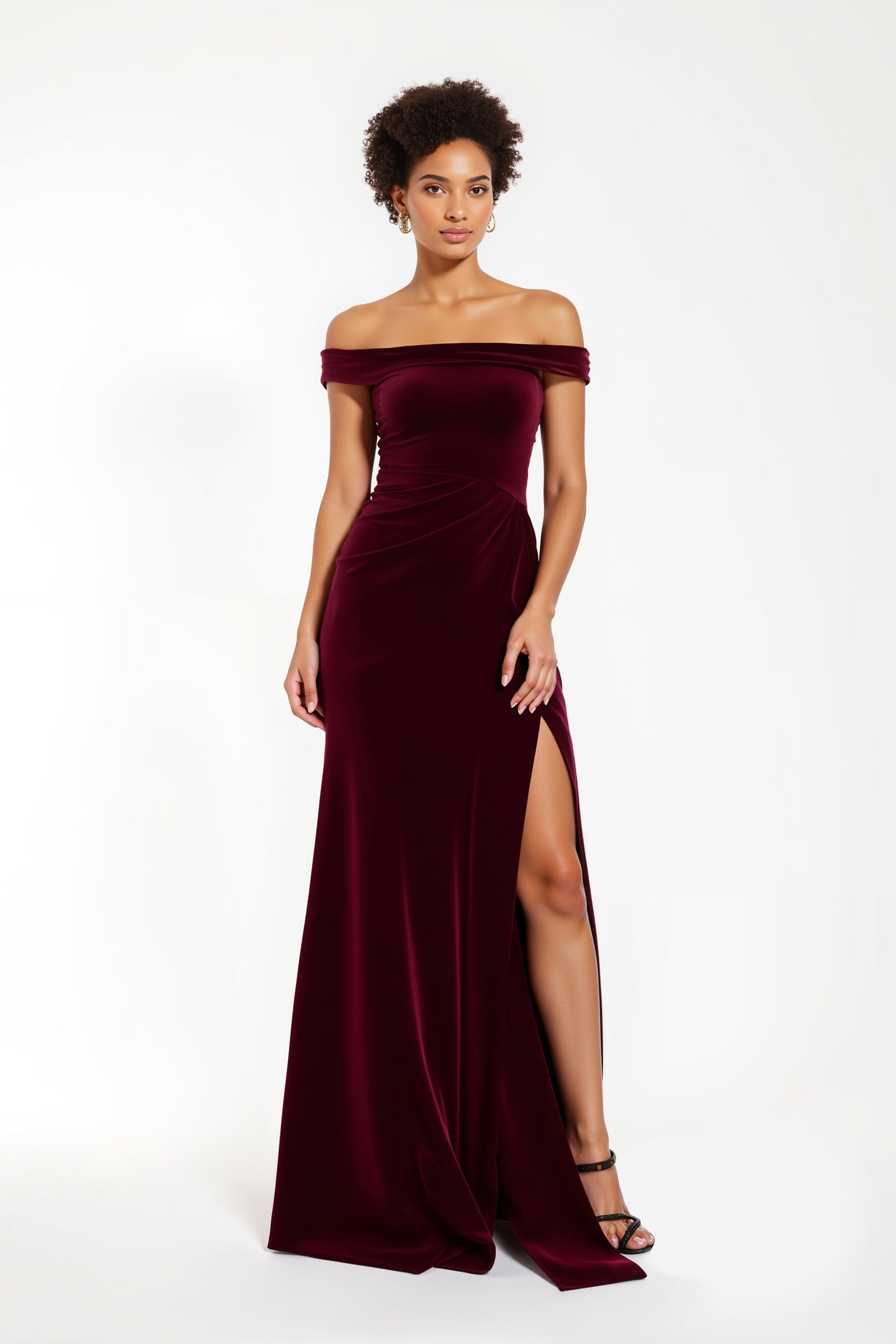 Burgundy Off the Shoulder Sheath Long Holiday Party Dress with Slit