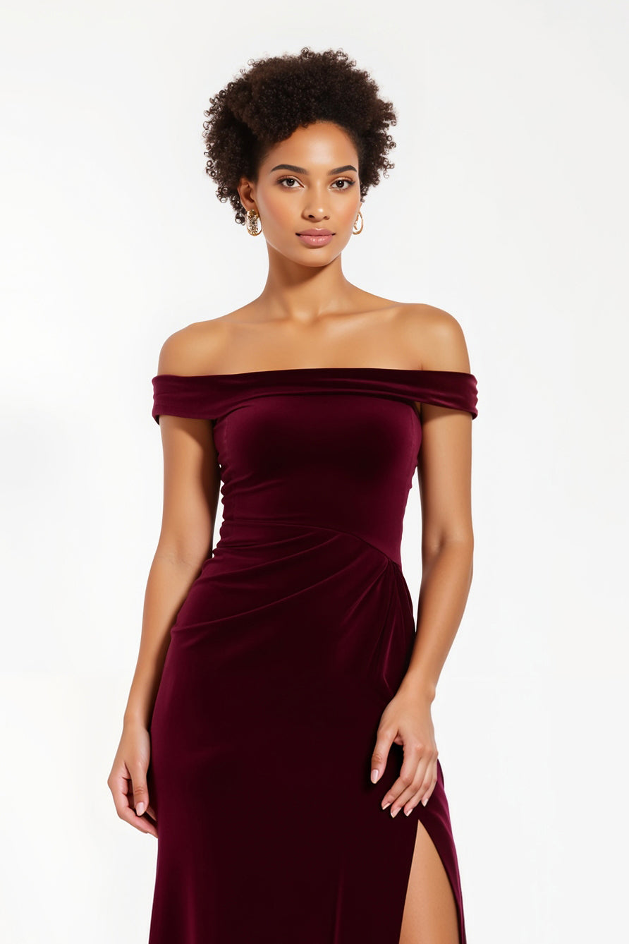 Burgundy Off the Shoulder Sheath Long Holiday Party Dress with Slit