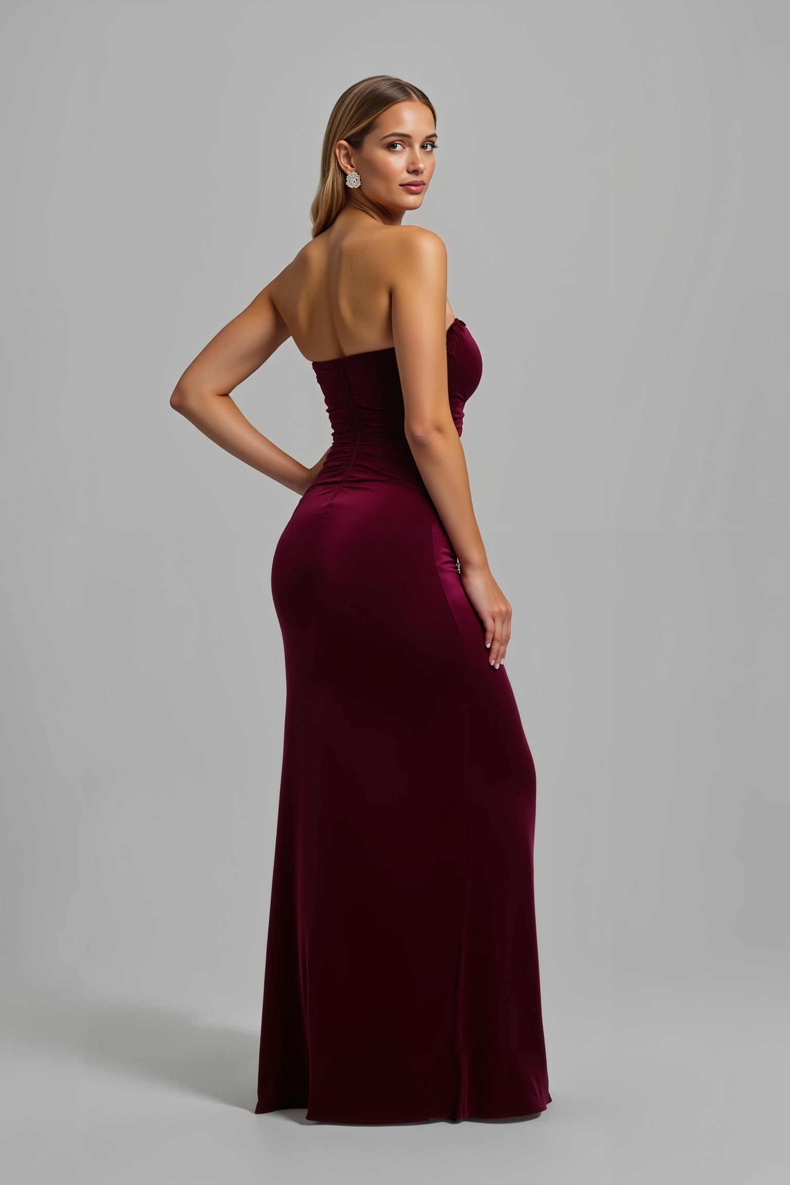 Elegant Burgundy Strapless Sheath Long Holiday Party Dress with Slit