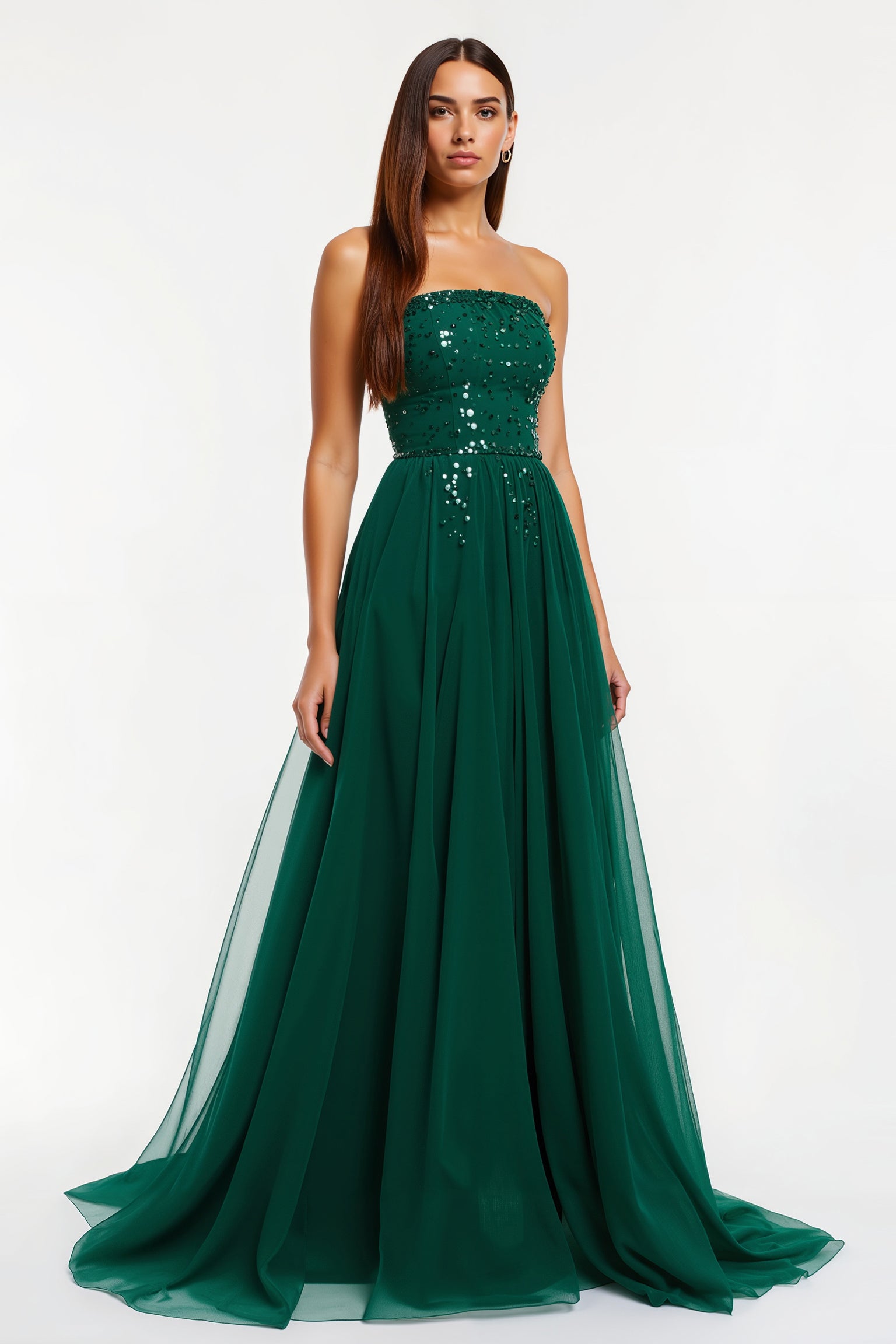 Sparkly Dark Green Strapless Maxi Tulle Holiday Party Dress with Beading