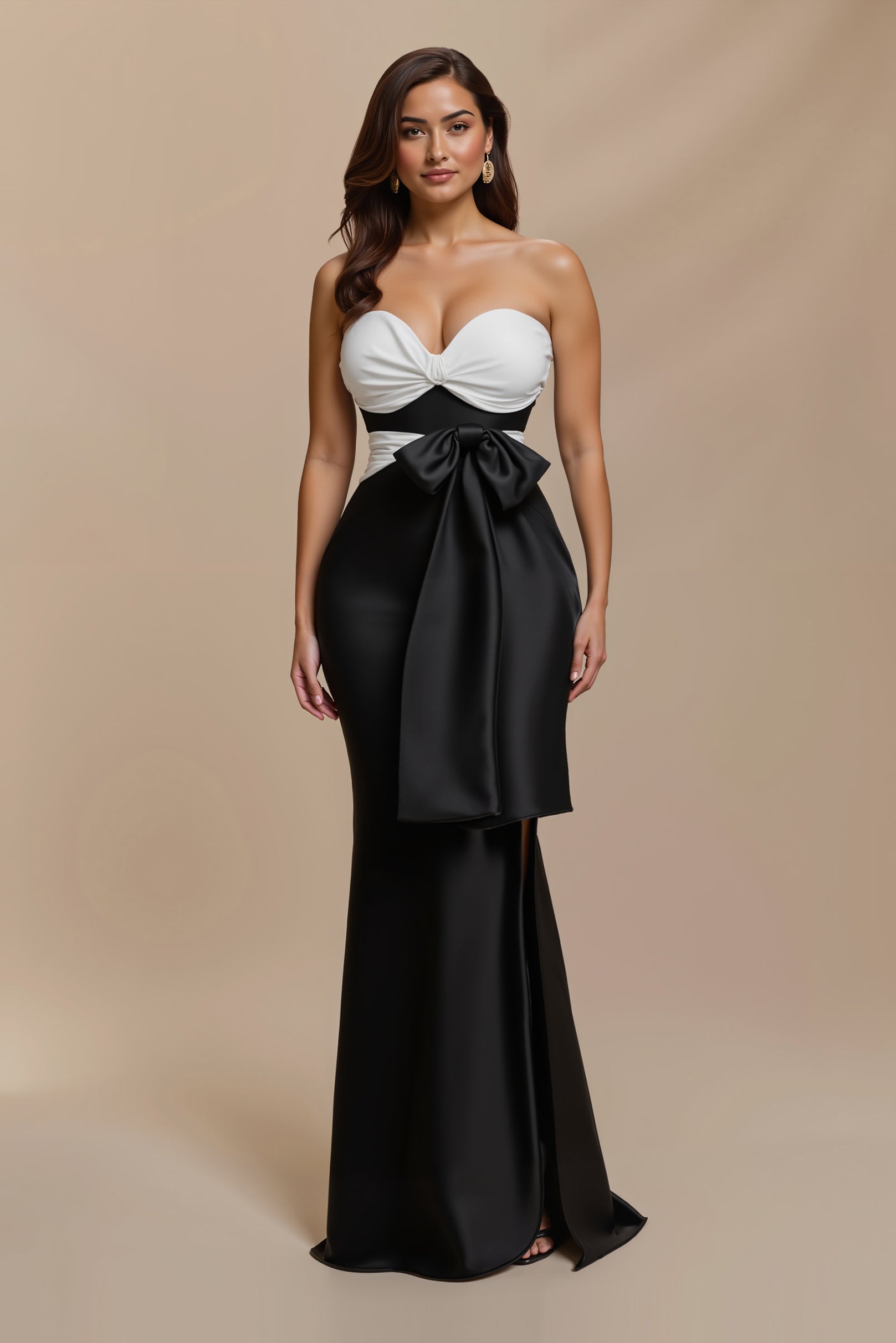 Black and White Satin Patchwork Sweetheart Maxi Wedding Guest Dress with Bow
