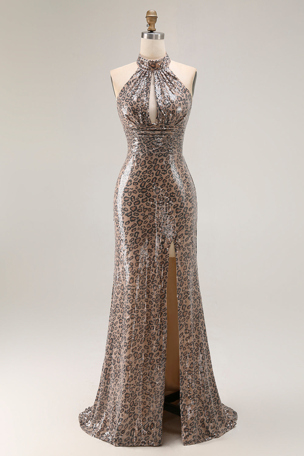 Sparkly Golden Leopard Mermaid Long Sequin Prom Dress with Slit
