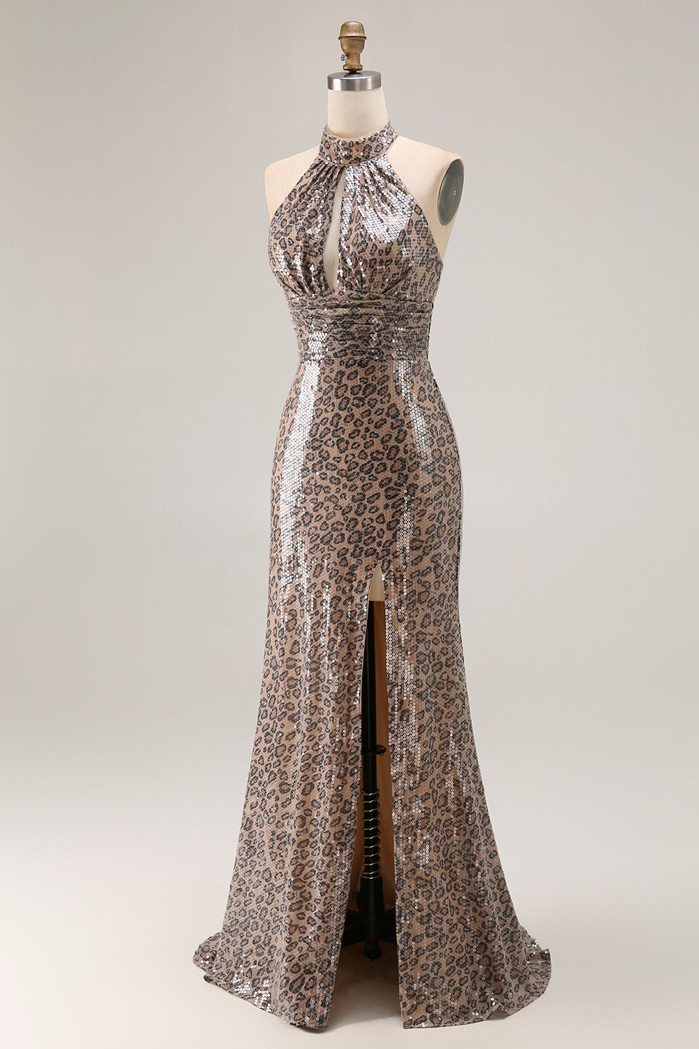 Sparkly Golden Leopard Mermaid Long Sequin Prom Dress with Slit