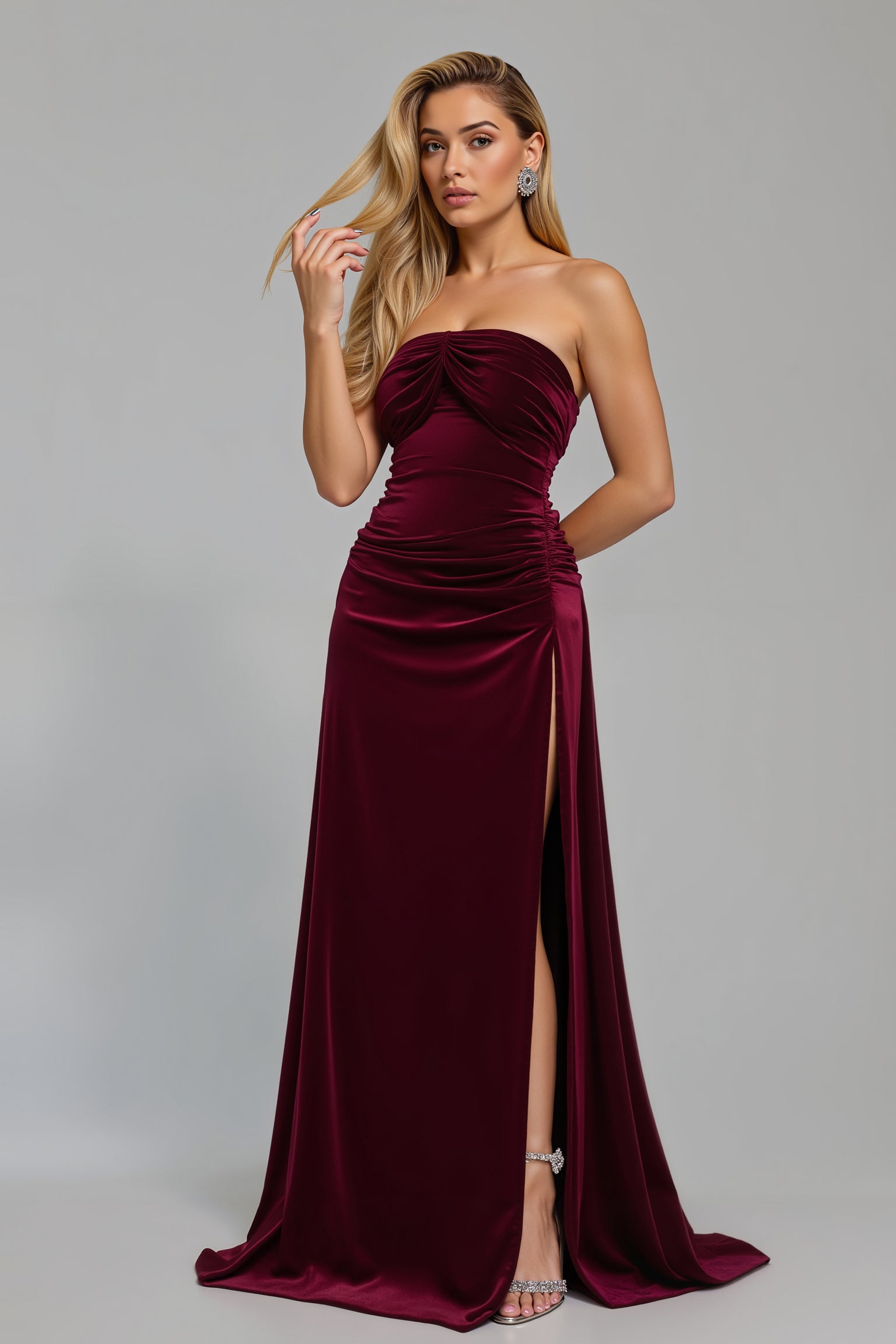 Burgundy Strapless A Line Ruched Long Holiday Party Dress with Slit