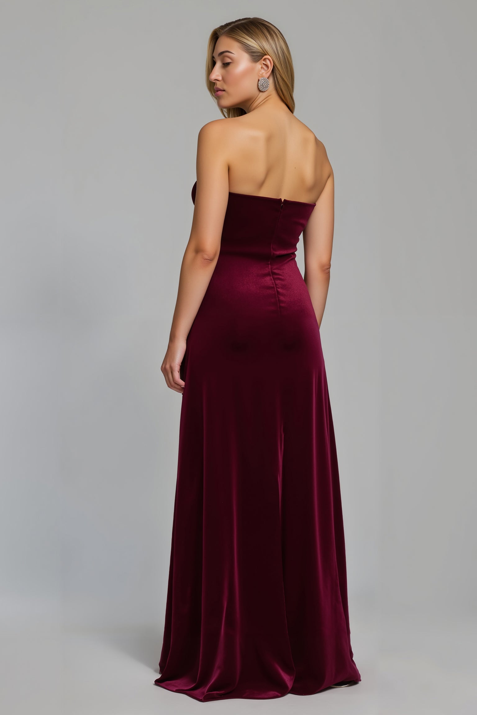 Burgundy Strapless A Line Ruched Long Holiday Party Dress with Slit