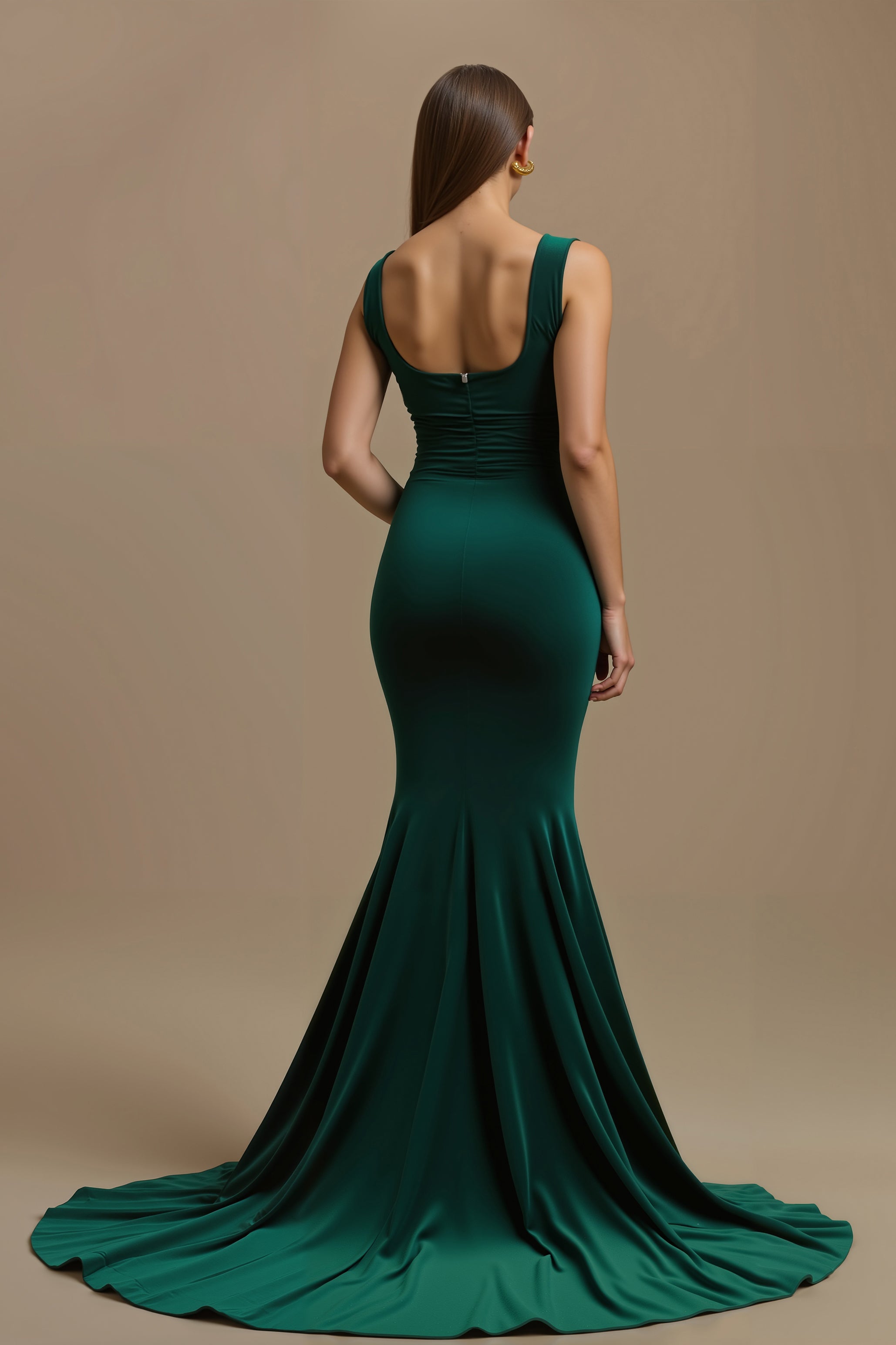 Dark Green Square Neck Ruched Long Mermaid Holiday Party Dress
