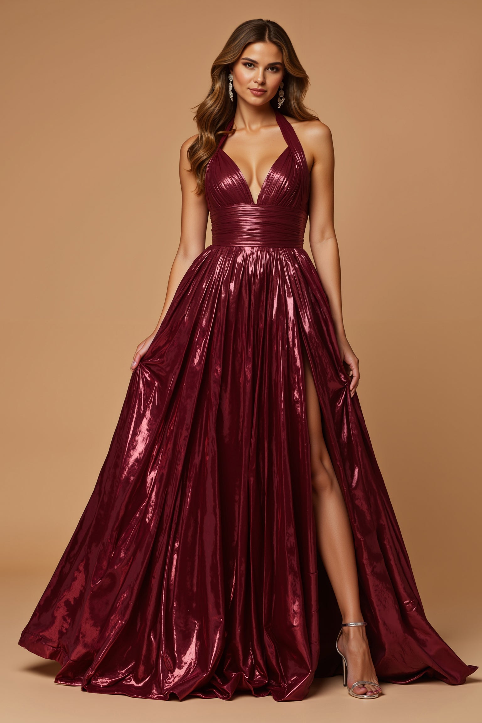 Metallic Burgundy A Line Halter Pleated Long Holiday Party Dress with Slit