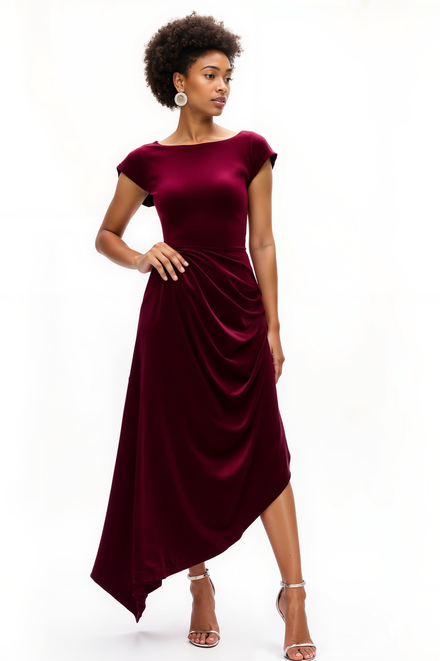 Burgundy A Line Ruched Boat Neck Long Holiday Party Dress
