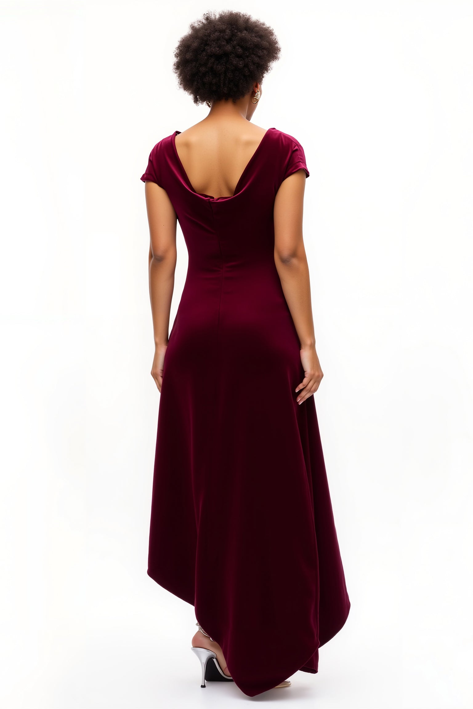 Burgundy A Line Ruched Boat Neck Long Holiday Party Dress