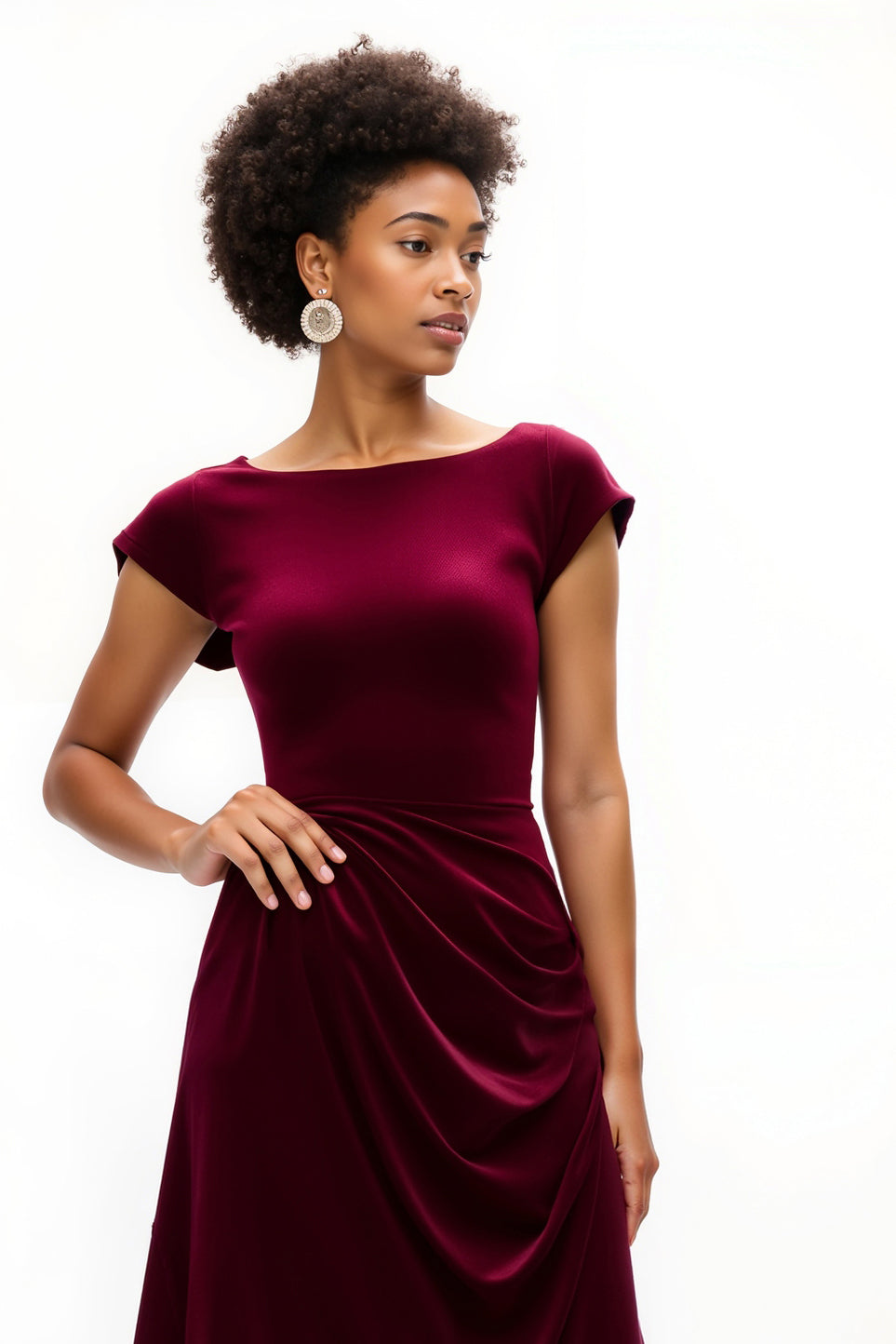 Burgundy A Line Ruched Boat Neck Long Holiday Party Dress