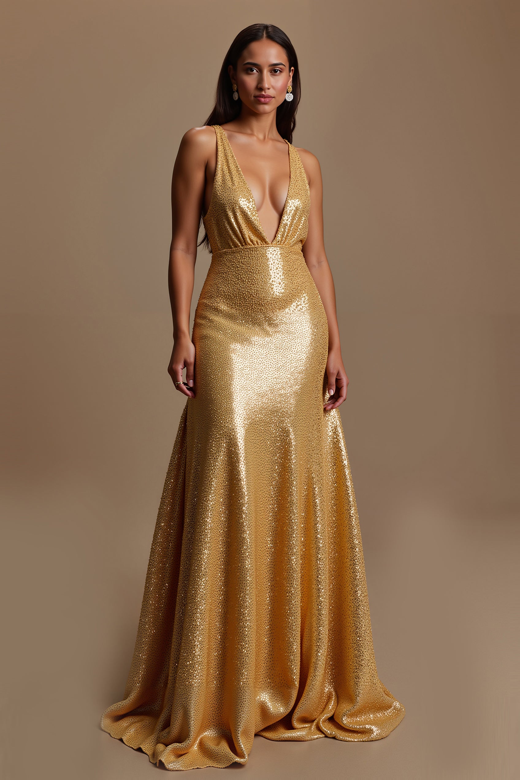 Sparkly Gold V-Neck Long Mermaid Holiday Party Dress