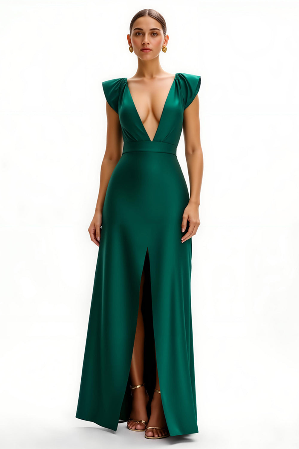 Dark Green Satin Deep V-Neck Long Holiday Party Dress with Slit
