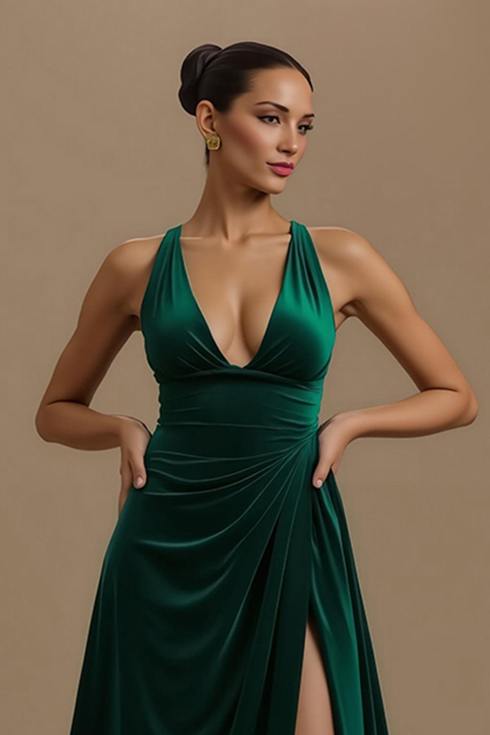 Dark Green A Line V-Neck Ruched Long Holiday Party Dress with Slit