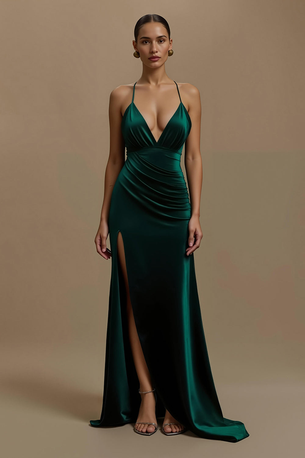 Dark Green Sheath Ruched Cami Long Holiday Party Dress with Slit