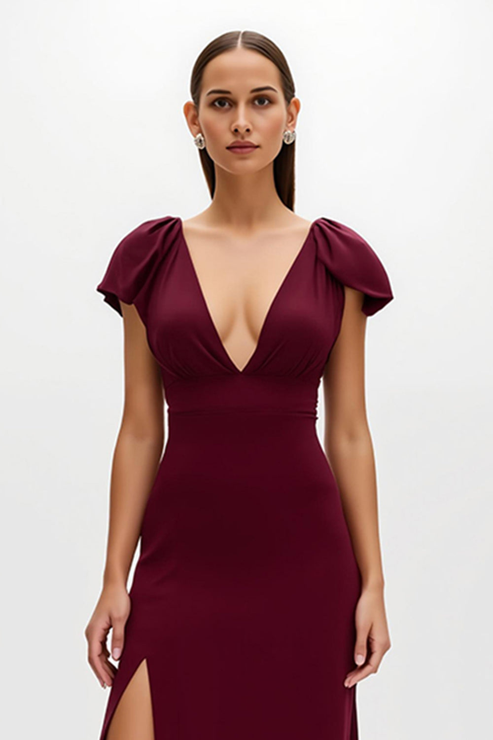 Burgundy V-Neck Long Sheath Holiday Party Dress with Slit