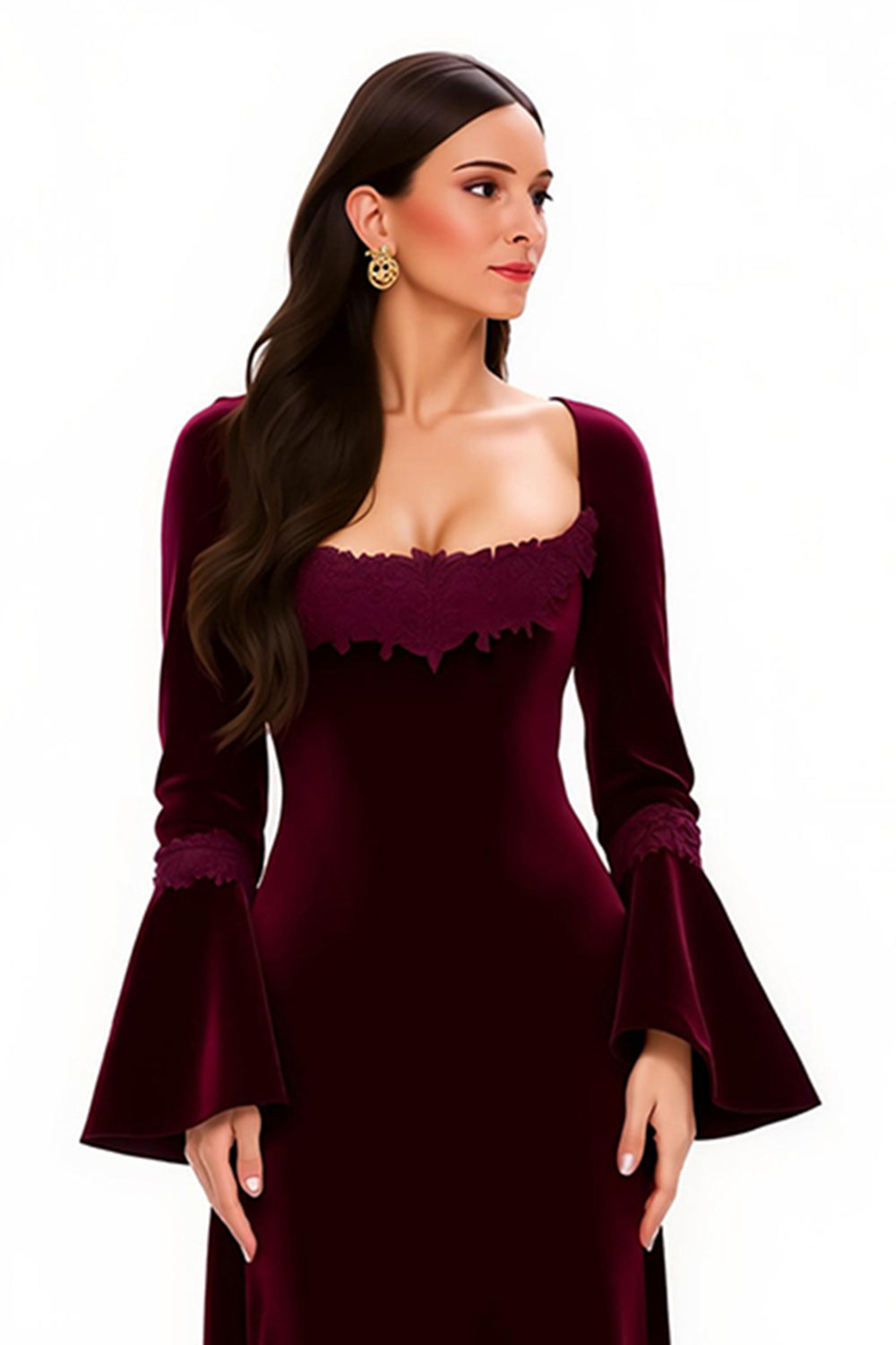 Burgundy Sheath Square Neck Long Holiday Party Dress with Sleeves