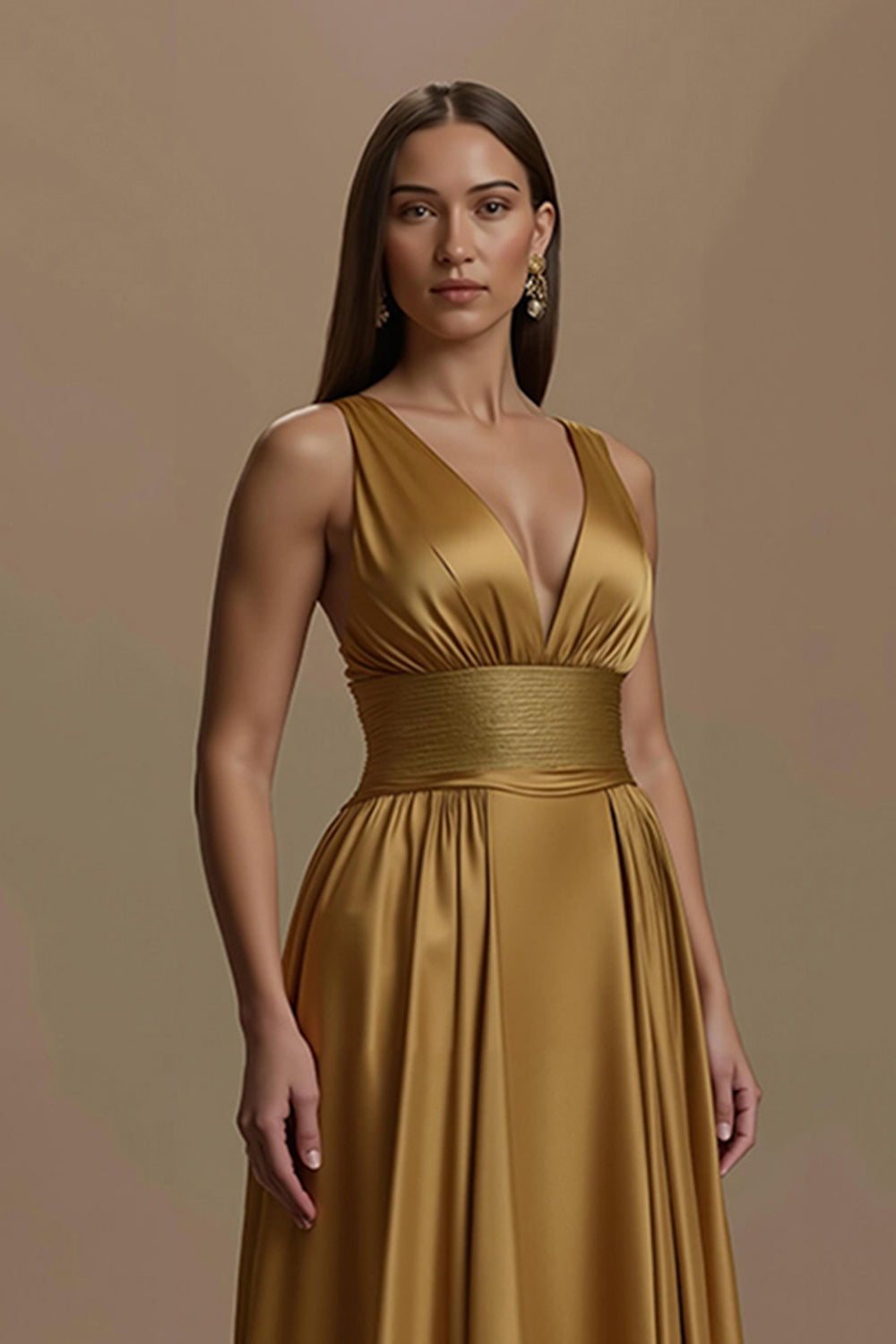 Simple Golden A Line V-Neck Backless Long Holiday Party Dress