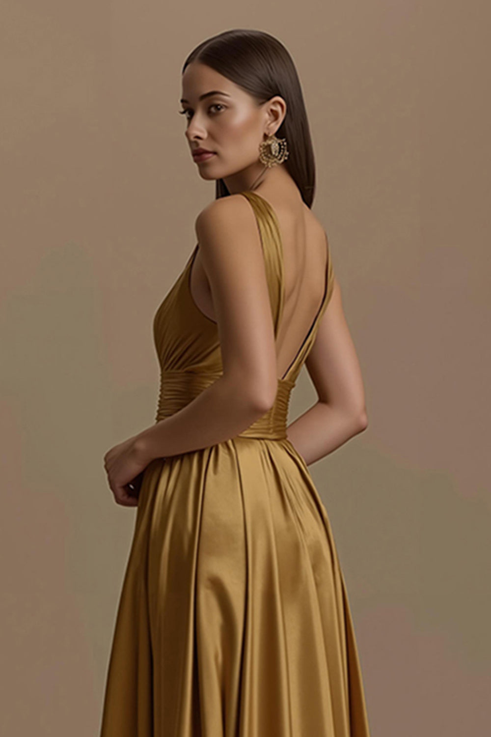 Simple Golden A Line V-Neck Backless Long Holiday Party Dress