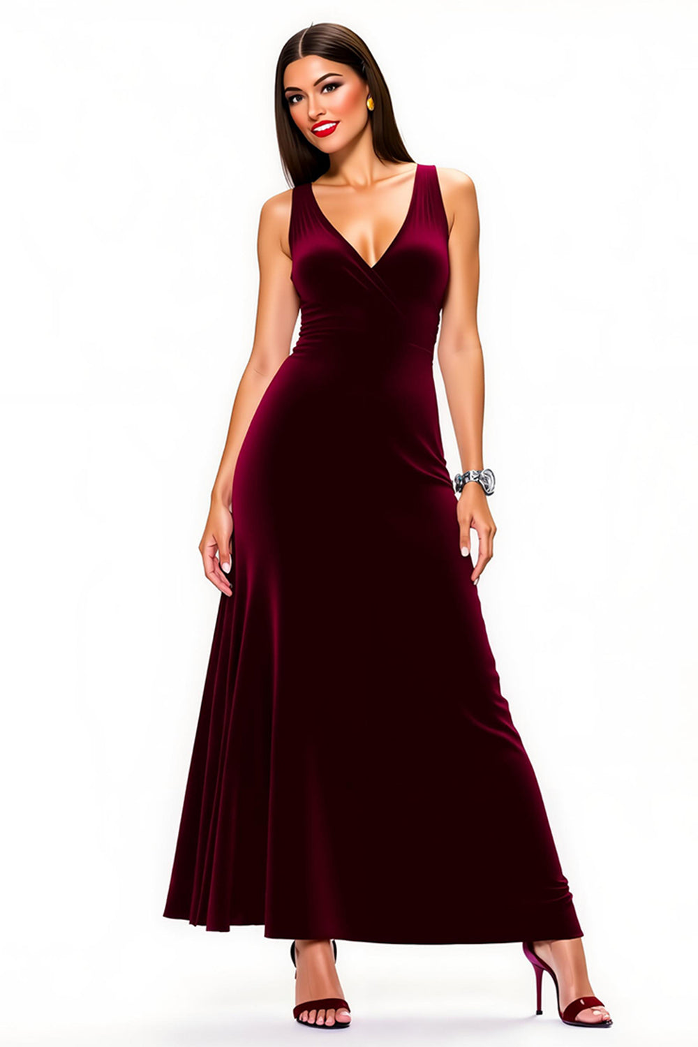 Simple Burgundy Sheath V-Neck Backless Long Holiday Party Dress
