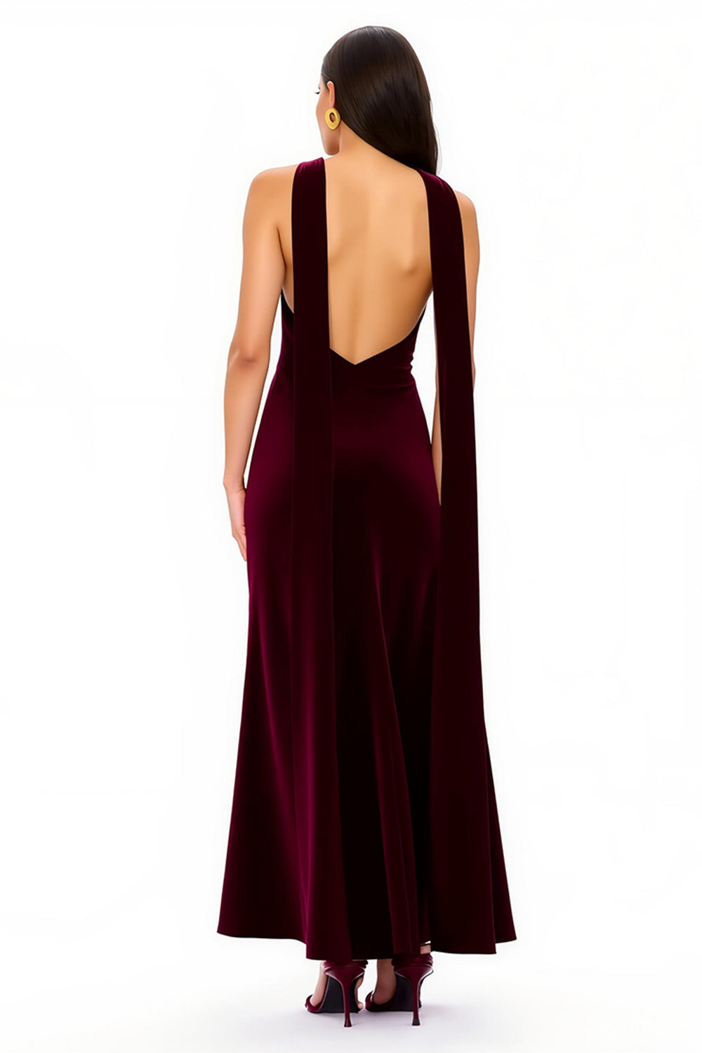 Simple Burgundy Sheath V-Neck Backless Long Holiday Party Dress