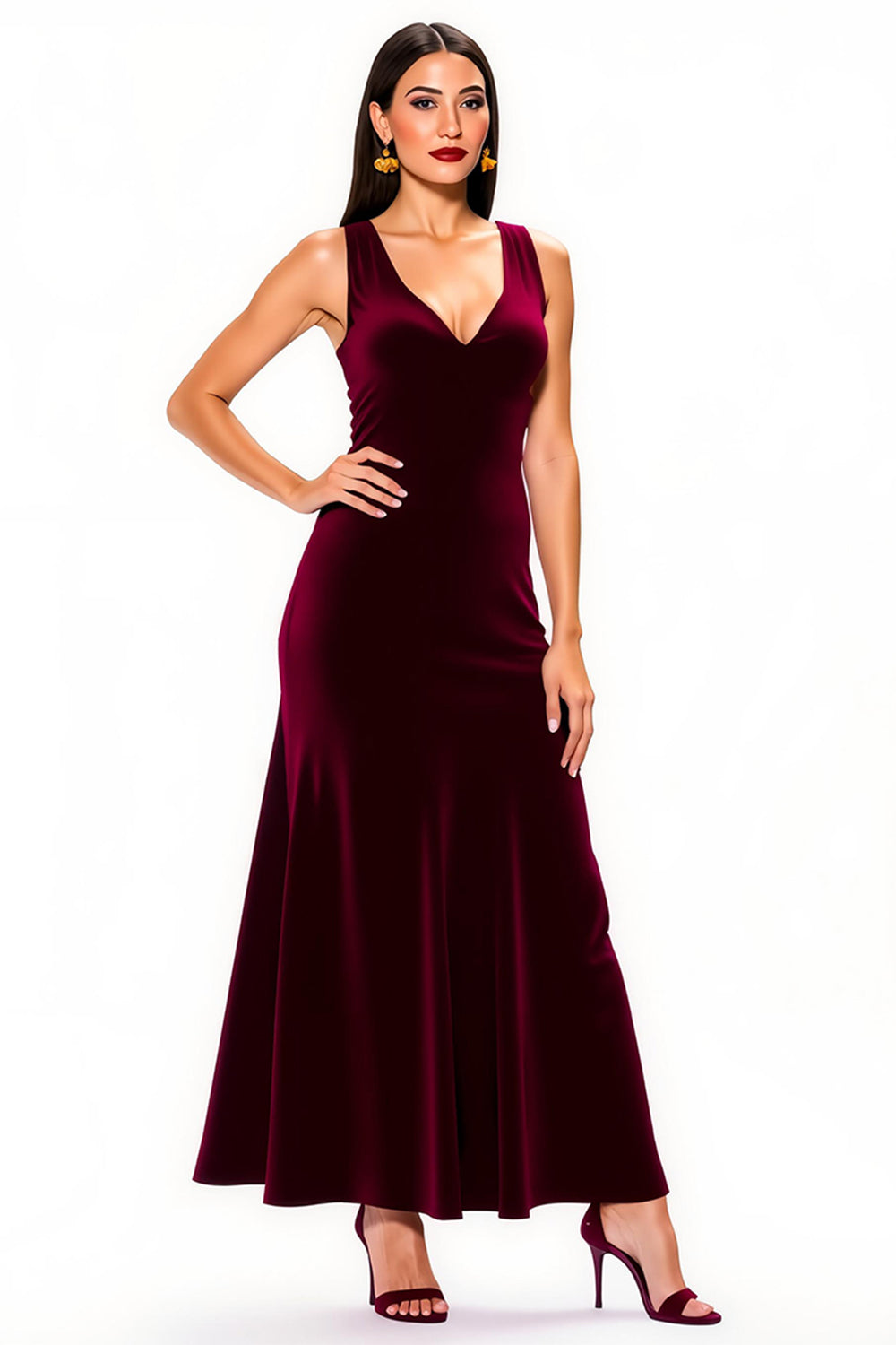 Simple Burgundy Sheath V-Neck Backless Long Holiday Party Dress