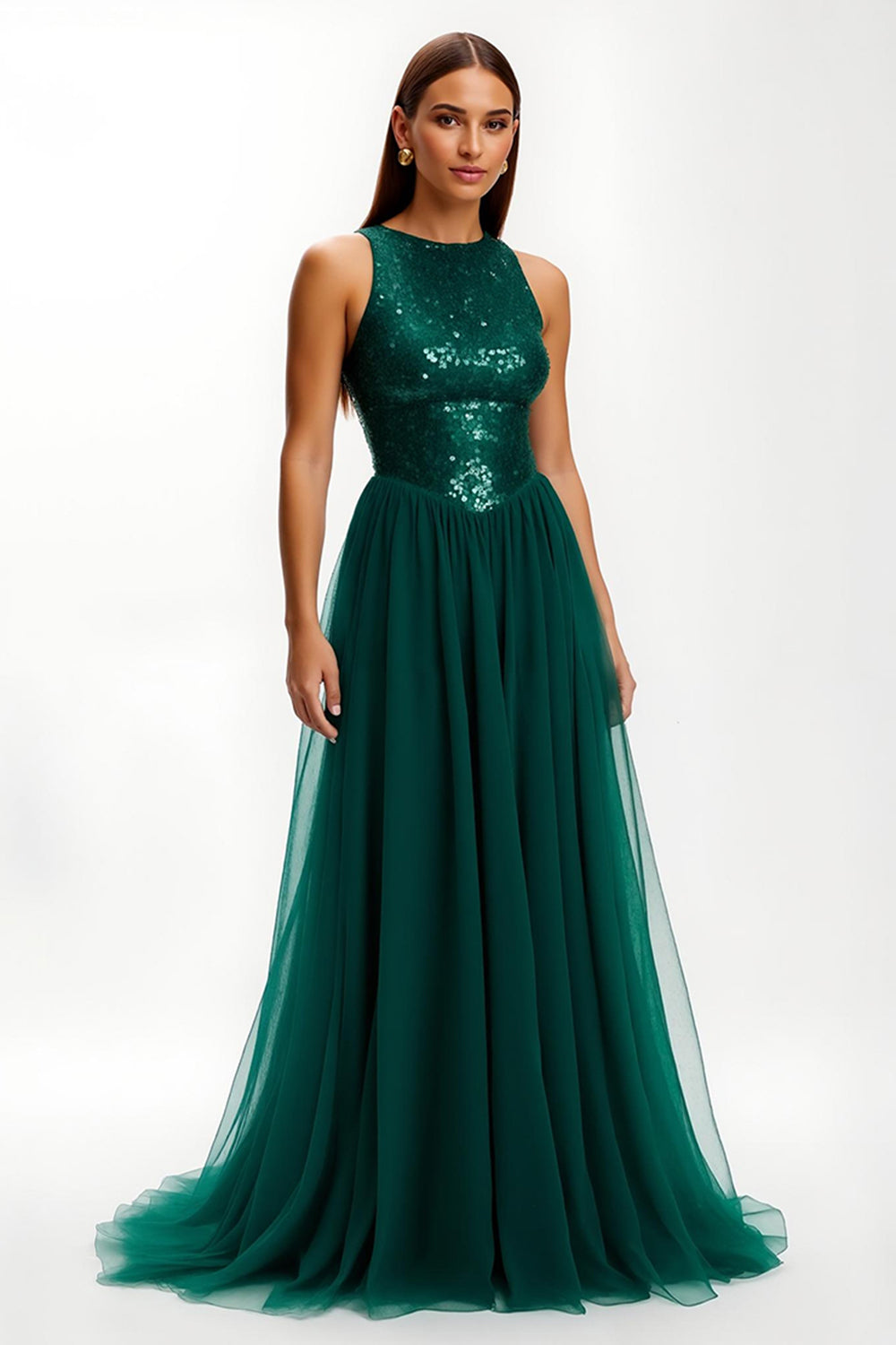 Sparkly Dark Green A Line Round Neck Maxi Holiday Party Dress with Sequins