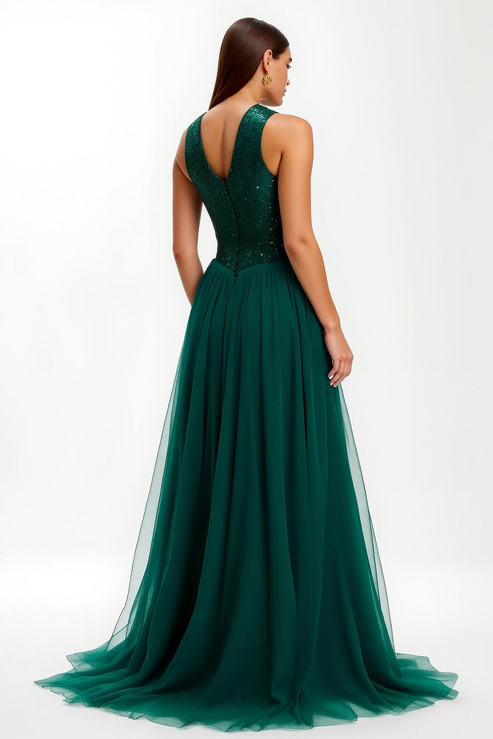 Sparkly Dark Green A Line Round Neck Maxi Holiday Party Dress with Sequins