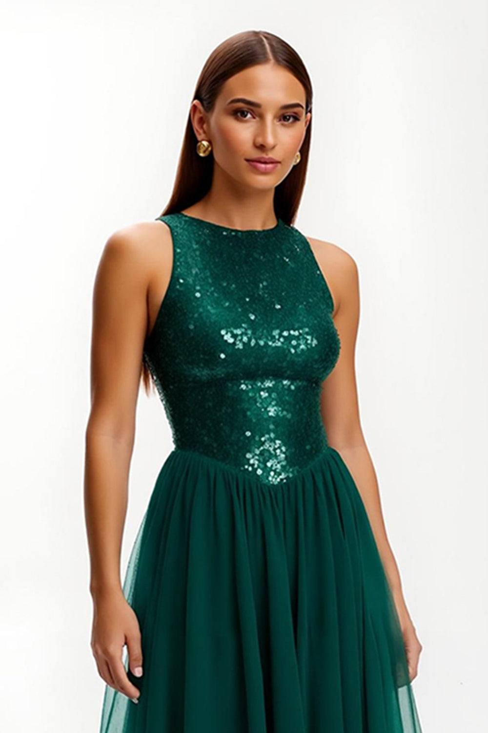 Sparkly Dark Green A Line Round Neck Maxi Holiday Party Dress with Sequins