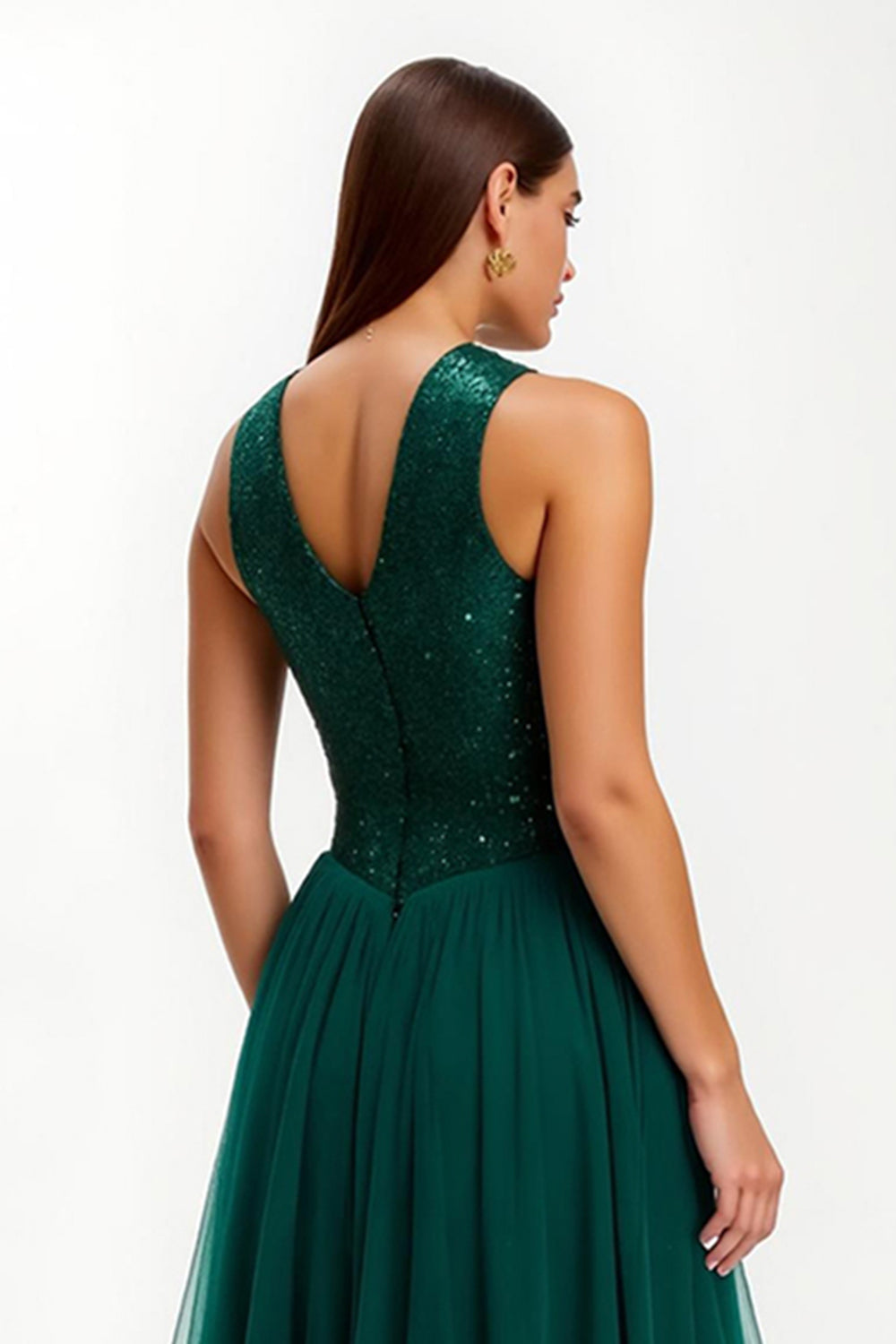 Sparkly Dark Green A Line Round Neck Maxi Holiday Party Dress with Sequins