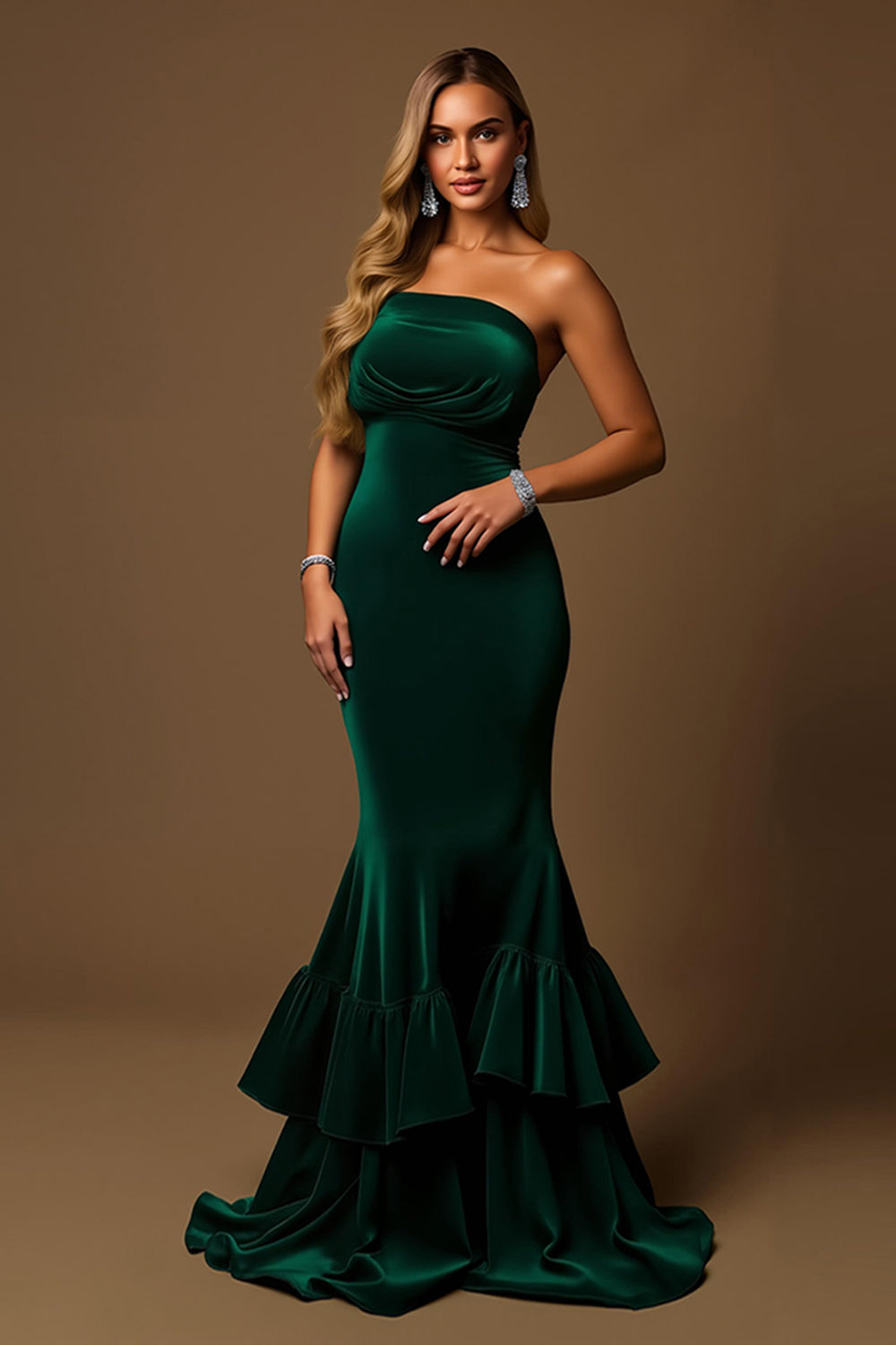 Dark Green Mermaid Strapless Tiered Maxi Holiday Party Dress