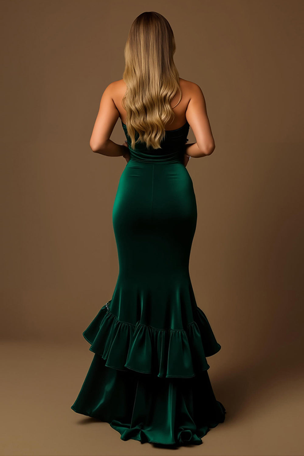 Dark Green Mermaid Strapless Tiered Maxi Holiday Party Dress