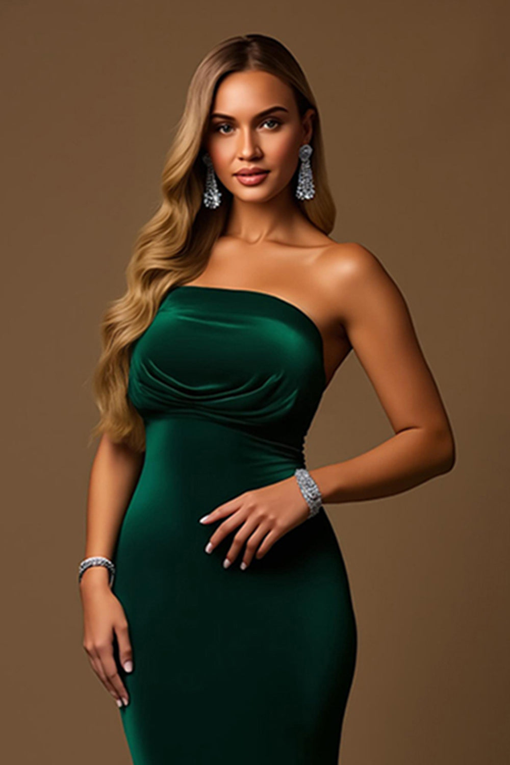 Dark Green Mermaid Strapless Tiered Maxi Holiday Party Dress