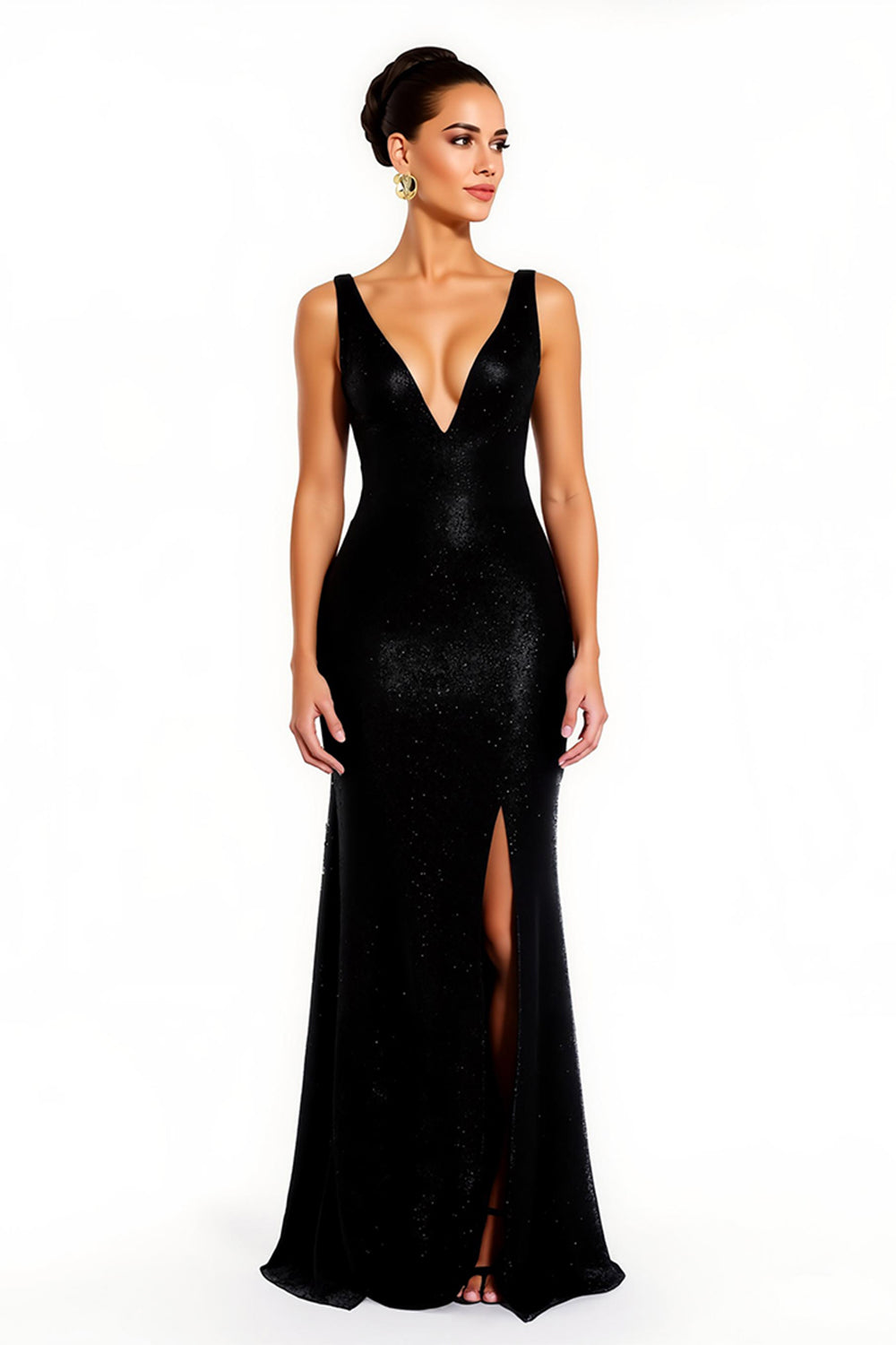 Sparkly Black Mermaid Sequin V-Neck Long Holiday Party Dress with Slit