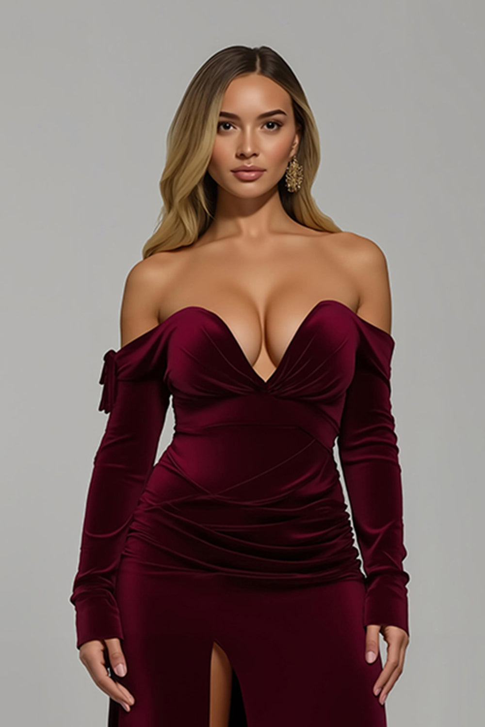 Burgundy Sheath Off the Shoulder Velvet Long Holiday Party Dress with Slit