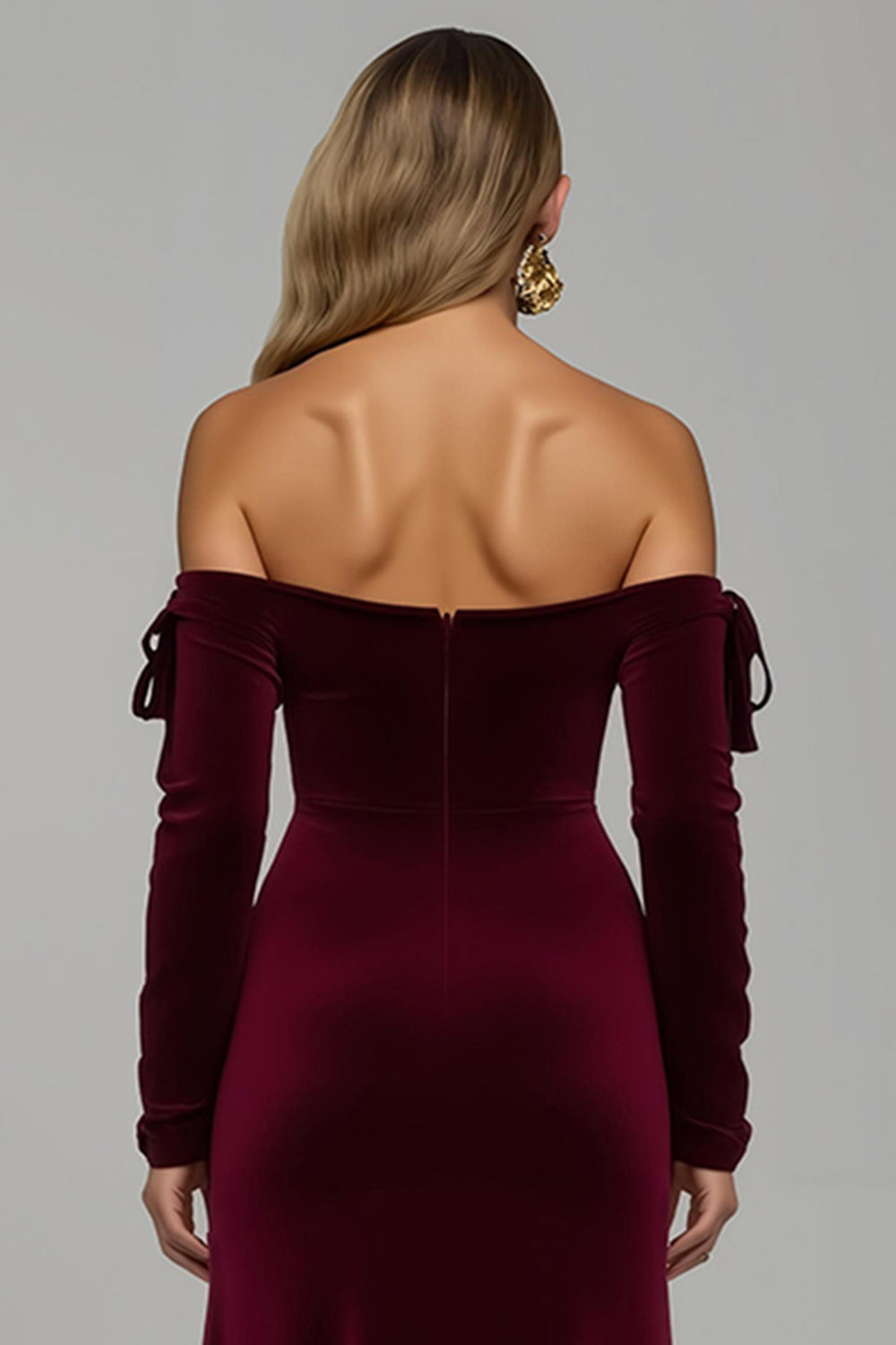 Burgundy Sheath Off the Shoulder Velvet Long Holiday Party Dress with Slit