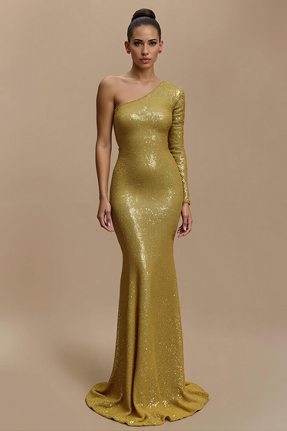 Sparkly Golden Sequin Mermaid Long Holiday Party Dress with Sleeves