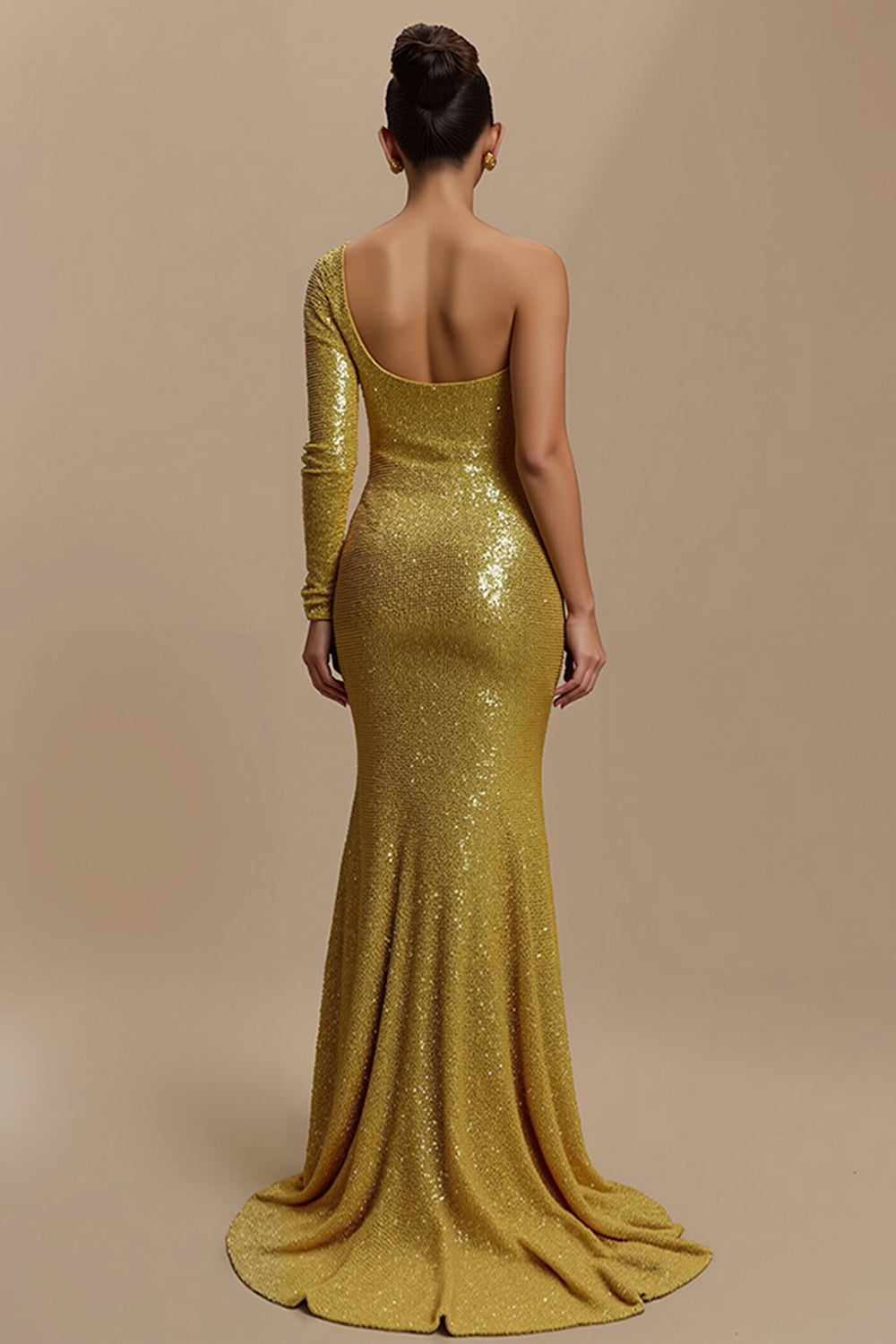 Sparkly Golden Sequin Mermaid Long Holiday Party Dress with Sleeves