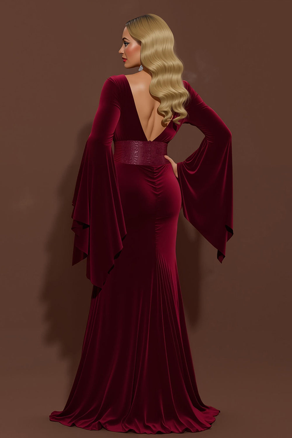 Burgundy V-Neck Mermaid Velvet Long Holiday Party Dress with Sleeves