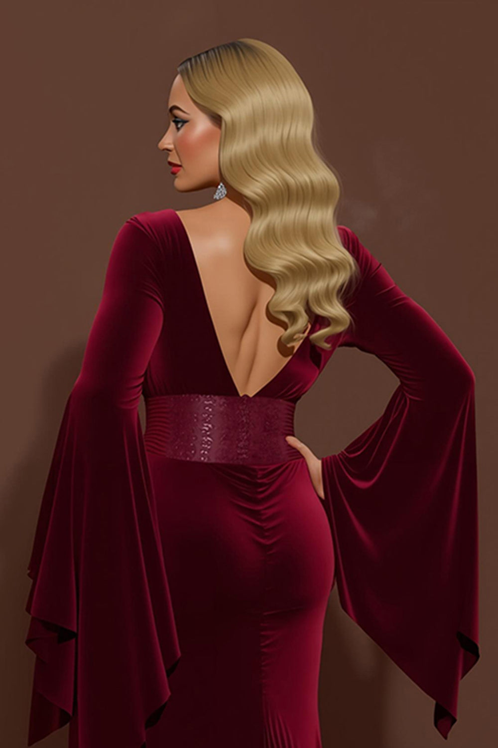 Burgundy V-Neck Mermaid Velvet Long Holiday Party Dress with Sleeves